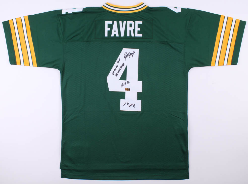 Brett Favre Signed Green Bay Packers Mitchell & Ness Jersey Inscribed "95, 96, 97 MVP", "HOF 16", "Last To Wear #4", & "SB XXXI Champs" (Favre COA) at PristineAuction.com Brett Favre Signed Green Bay Packers Mitchell & Ness Jersey Inscribed "95, 96, 97 MVP", "HOF 16", "Last To Wear #4", & "SB XXXI Champs" (Favre COA) at PristineAuction.com