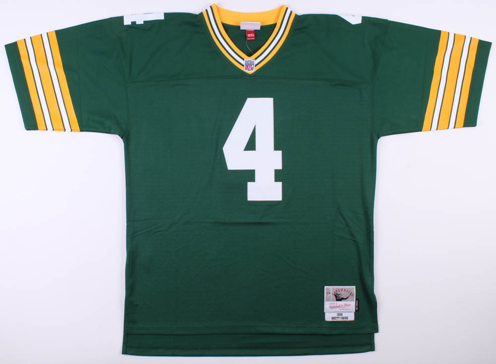 Brett Favre Signed Green Bay Packers Mitchell & Ness Jersey Inscribed "95, 96, 97 MVP", "HOF 16", "Last To Wear #4", & "SB XXXI Champs" (Favre COA) at PristineAuction.com Brett Favre Signed Green Bay Packers Mitchell & Ness Jersey Inscribed "95, 96, 97 MVP", "HOF 16", "Last To Wear #4", & "SB XXXI Champs" (Favre COA) at PristineAuction.com