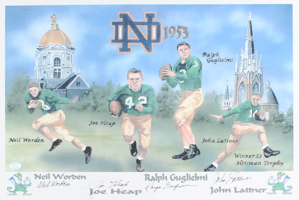 Notre Dame Fighting Irish 13x18 "Playball" Signed by Neil Worden, Joe Heap, Ralph Guglielmi, & John Lattner (Stacks of Plaques LOA) at PristineAuction.com Notre Dame Fighting Irish 13x18 "Playball" Signed by Neil Worden, Joe Heap, Ralph Guglielmi, & John Lattner (Stacks of Plaques LOA) at PristineAuction.com