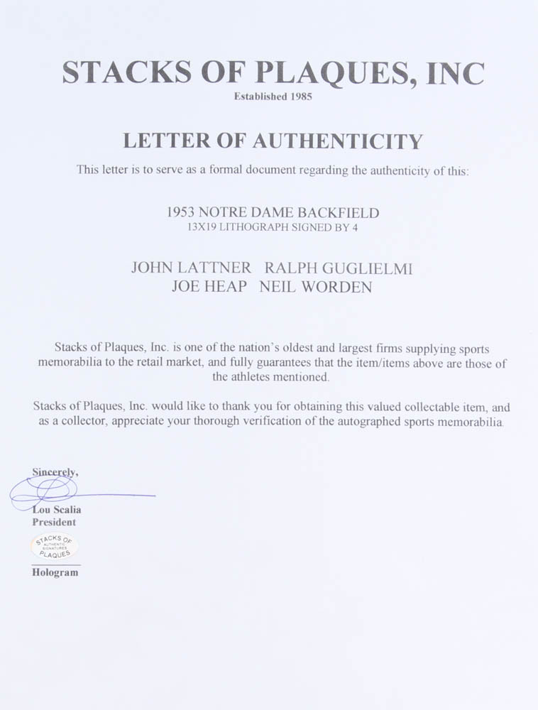 Notre Dame Fighting Irish 13x18 "Playball" Signed by Neil Worden, Joe Heap, Ralph Guglielmi, & John Lattner (Stacks of Plaques LOA) at PristineAuction.com Notre Dame Fighting Irish 13x18 "Playball" Signed by Neil Worden, Joe Heap, Ralph Guglielmi, & John Lattner (Stacks of Plaques LOA) at PristineAuction.com