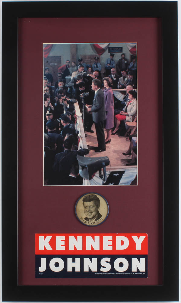 John F. Kennedy 13x22 Custom Framed Photo Display with Vintage Campaign Bumper Sticker & Pin at PristineAuction.com John F. Kennedy 13x22 Custom Framed Photo Display with Vintage Campaign Bumper Sticker & Pin at PristineAuction.com
