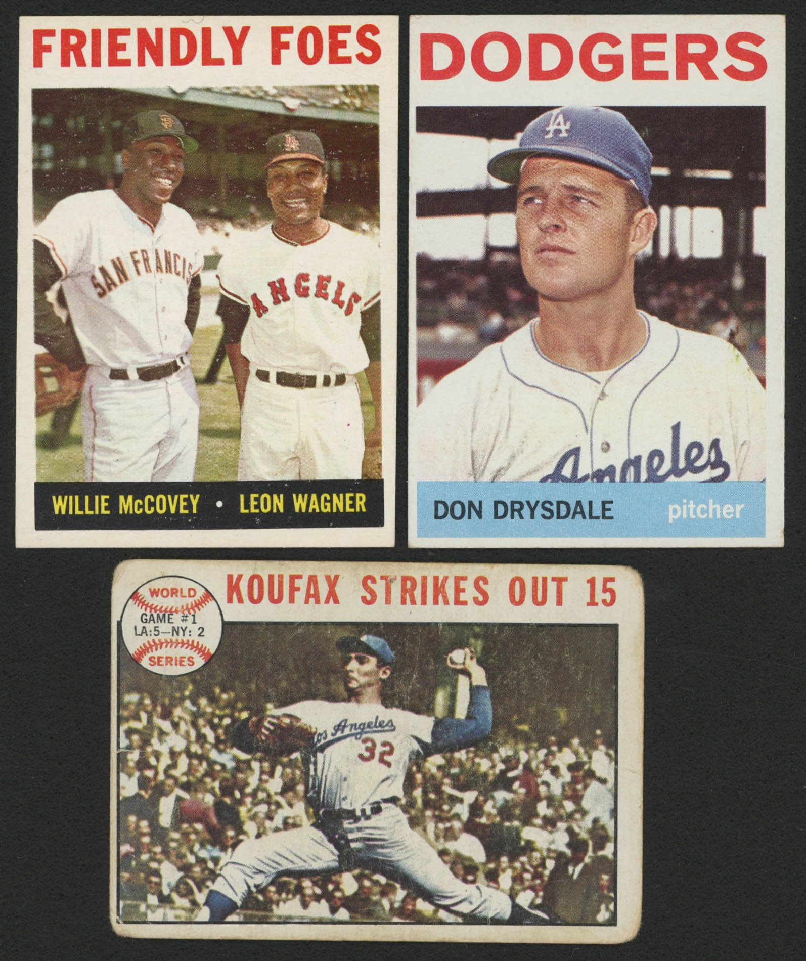 Lot of (3) 1964 Topps Baseball Cards with #41 Friendly Foes Willie McCovey / Leon Wagner, #120 Don Drysdale & #136 World Series Game 1 / Sandy Koufax at PristineAuction.com Lot of (3) 1964 Topps Baseball Cards with #41 Friendly Foes Willie McCovey / Leon Wagner, #120 Don Drysdale & #136 World Series Game 1 / Sandy Koufax at PristineAuction.com