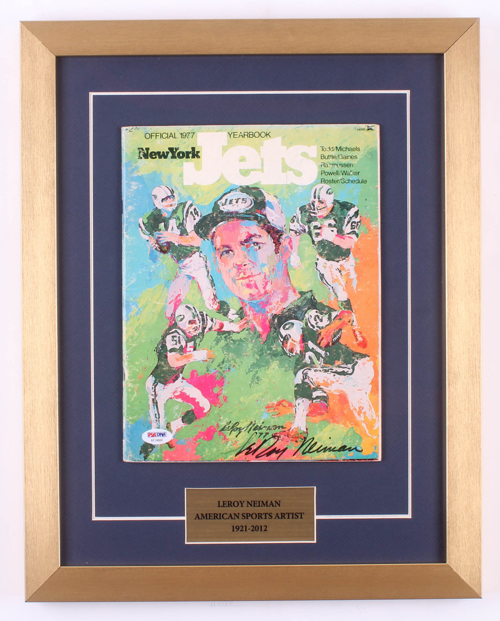 LeRoy Neiman Signed 1977 Jets Yearbook 15x19 Custom Framed Display (PSA COA) at PristineAuction.com LeRoy Neiman Signed 1977 Jets Yearbook 15x19 Custom Framed Display (PSA COA) at PristineAuction.com
