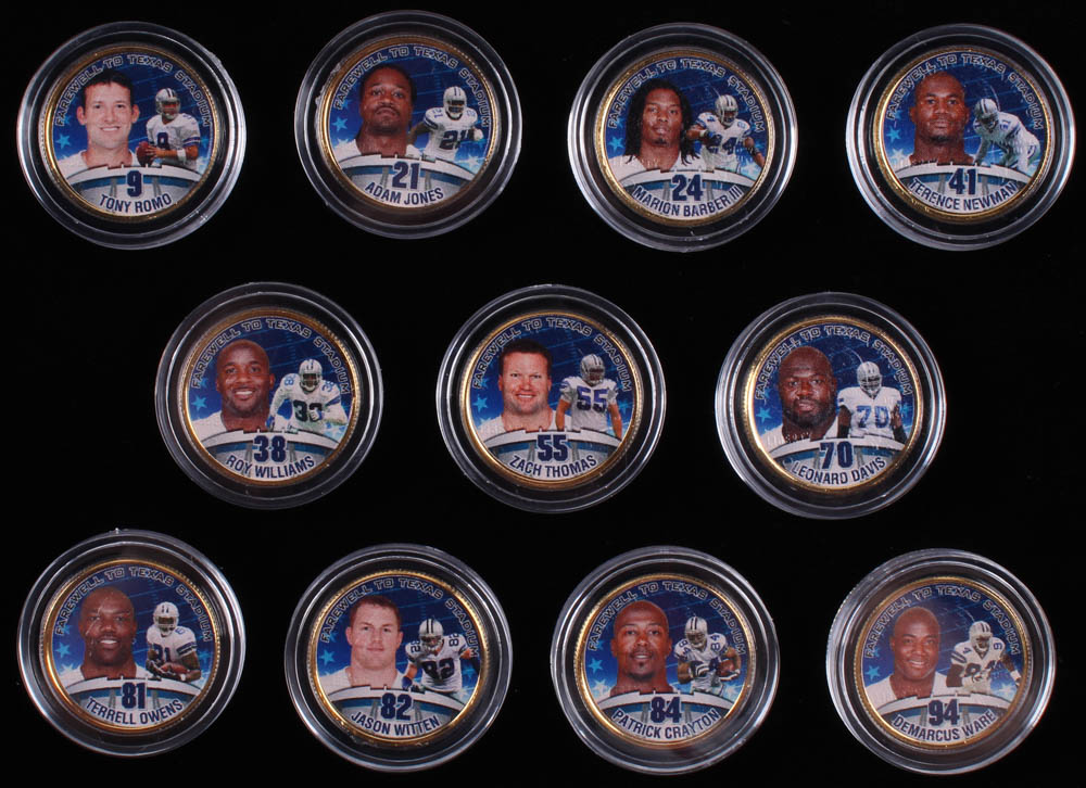 Dallas Cowboys "Farewell to Texas Stadium" Limited Edition Set of (11) 24K Gold Plated & Colorized Texas Quarters with Tony Romo, Jason Witten, Terrell Owens at PristineAuction.com Dallas Cowboys "Farewell to Texas Stadium" Limited Edition Set of (11) 24K Gold Plated & Colorized Texas Quarters with Tony Romo, Jason Witten, Terrell Owens at PristineAuction.com