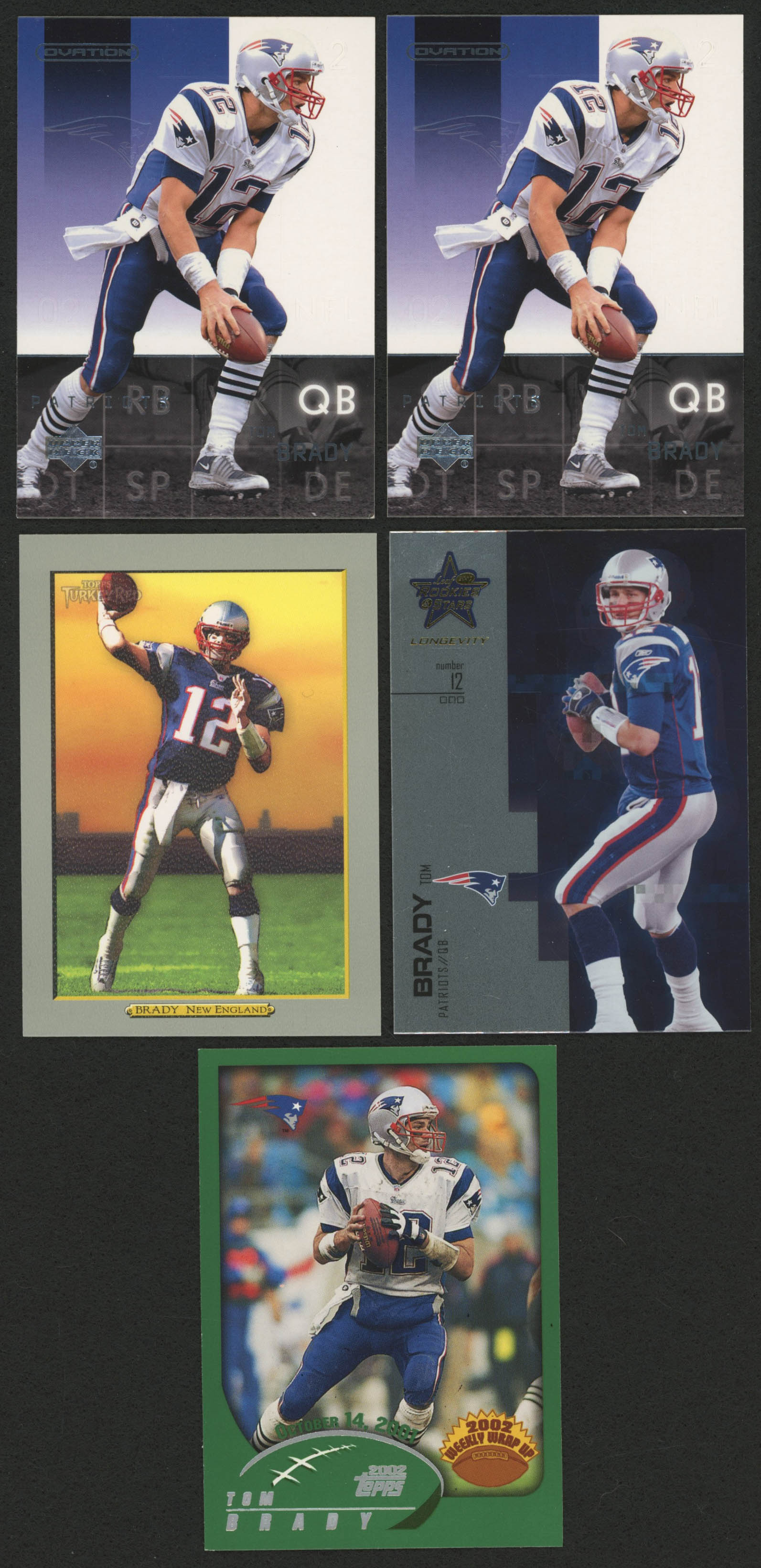 Lot of (5) Tom Brady New England Patriots Football Cards with (2) 2002 Upper Deck Ovation #51, 2007 Leaf Rookies and Stars #58, 2002 Topps #295 & 2005 Topps Turkey Red #157 at PristineAuction.com Lot of (5) Tom Brady New England Patriots Football Cards with (2) 2002 Upper Deck Ovation #51, 2007 Leaf Rookies and Stars #58, 2002 Topps #295 & 2005 Topps Turkey Red #157 at PristineAuction.com