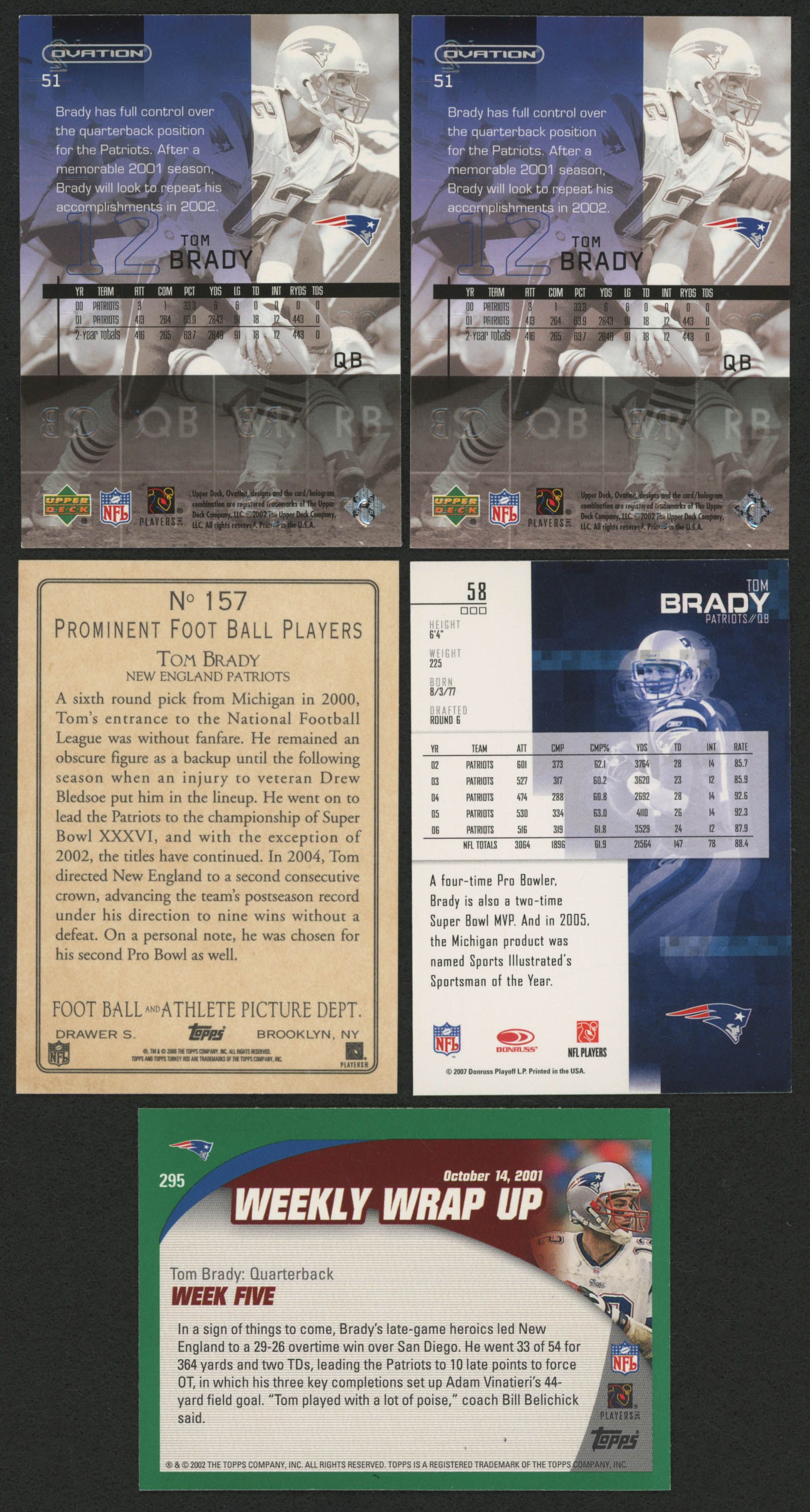 Lot of (5) Tom Brady New England Patriots Football Cards with (2) 2002 Upper Deck Ovation #51, 2007 Leaf Rookies and Stars #58, 2002 Topps #295 & 2005 Topps Turkey Red #157 at PristineAuction.com Lot of (5) Tom Brady New England Patriots Football Cards with (2) 2002 Upper Deck Ovation #51, 2007 Leaf Rookies and Stars #58, 2002 Topps #295 & 2005 Topps Turkey Red #157 at PristineAuction.com