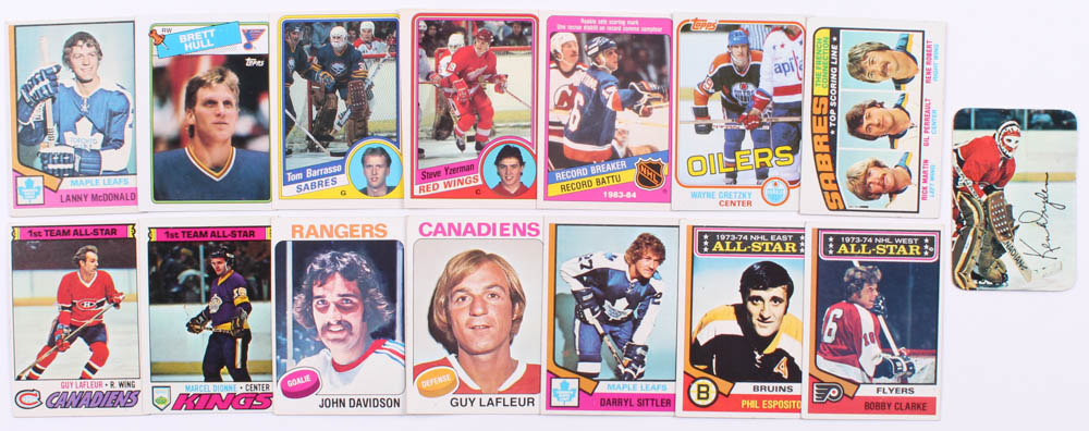 Lot of (15) Assorted Hockey Cards with 1977-78 Topps / O-Pee-Chee Glossy #5 Ken Dryden, 1974-75 Topps #135 Bobby Clarke AS, 1984-85 O-Pee-Chee #67 Steve Yzerman RC, 1988-89 O-Pee-Chee #66 Brett Hull RC