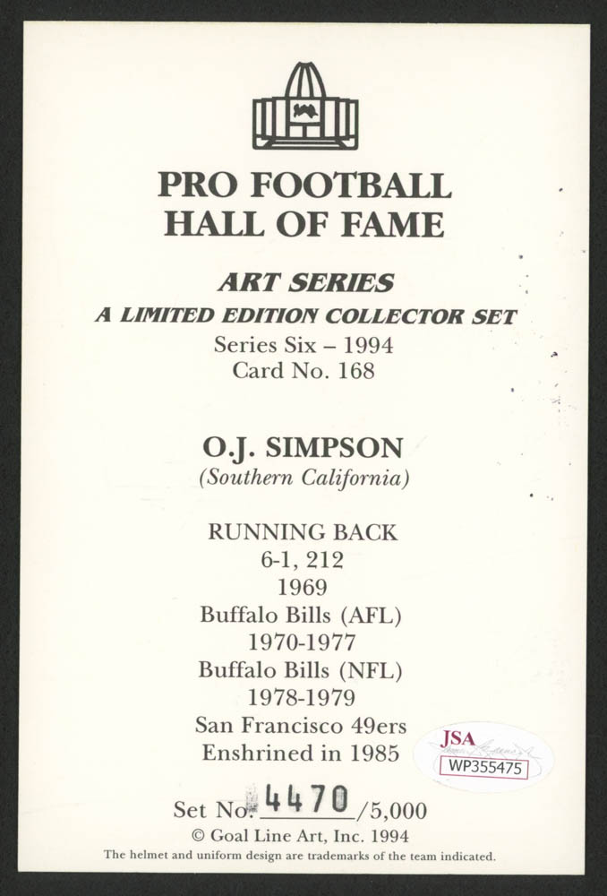 O.J. Simpson Signed 1994 LE Buffalo Bills 4x6 Pro Football Hall of Fame Art Collection Card Inscribed "H.O.F 85" (JSA COA) at PristineAuction.com O.J. Simpson Signed 1994 LE Buffalo Bills 4x6 Pro Football Hall of Fame Art Collection Card Inscribed "H.O.F 85" (JSA COA) at PristineAuction.com