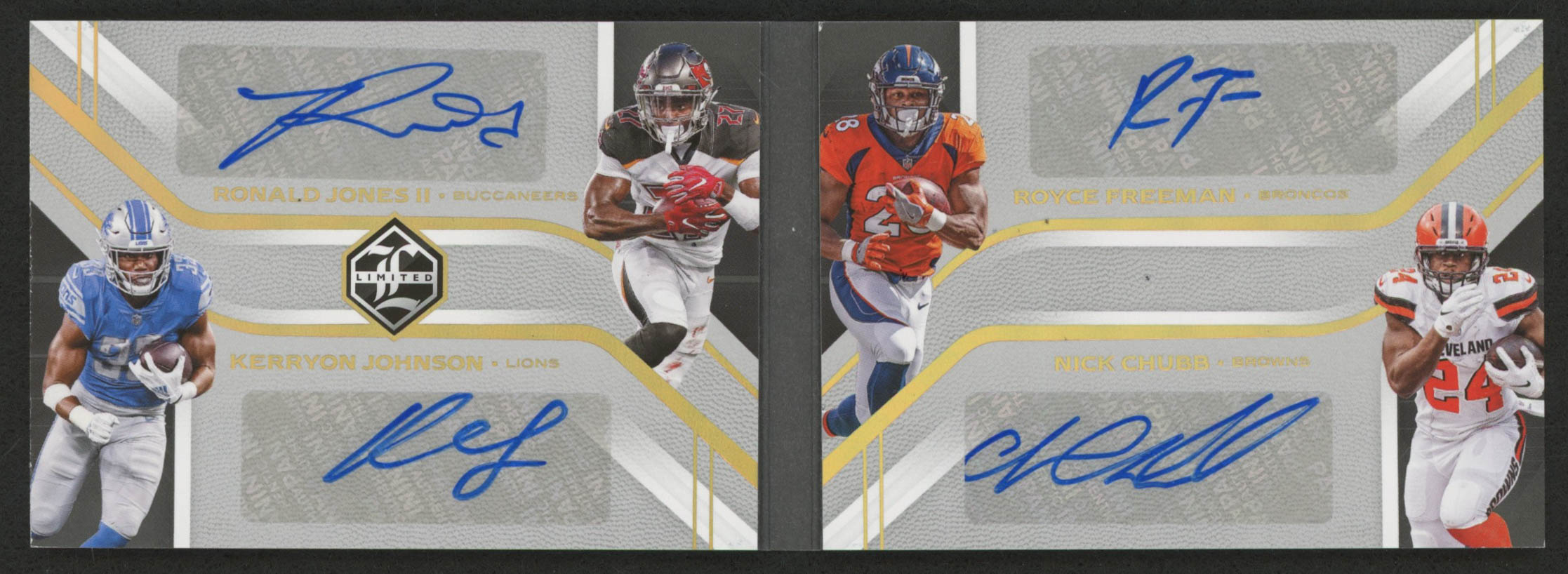 2018 Limited Quad Signatures #8 Kerryon Johnson / Nick Chubb / Ronald Jones II / Royce Freeman at PristineAuction.com 2018 Limited Quad Signatures #8 Kerryon Johnson / Nick Chubb / Ronald Jones II / Royce Freeman at PristineAuction.com