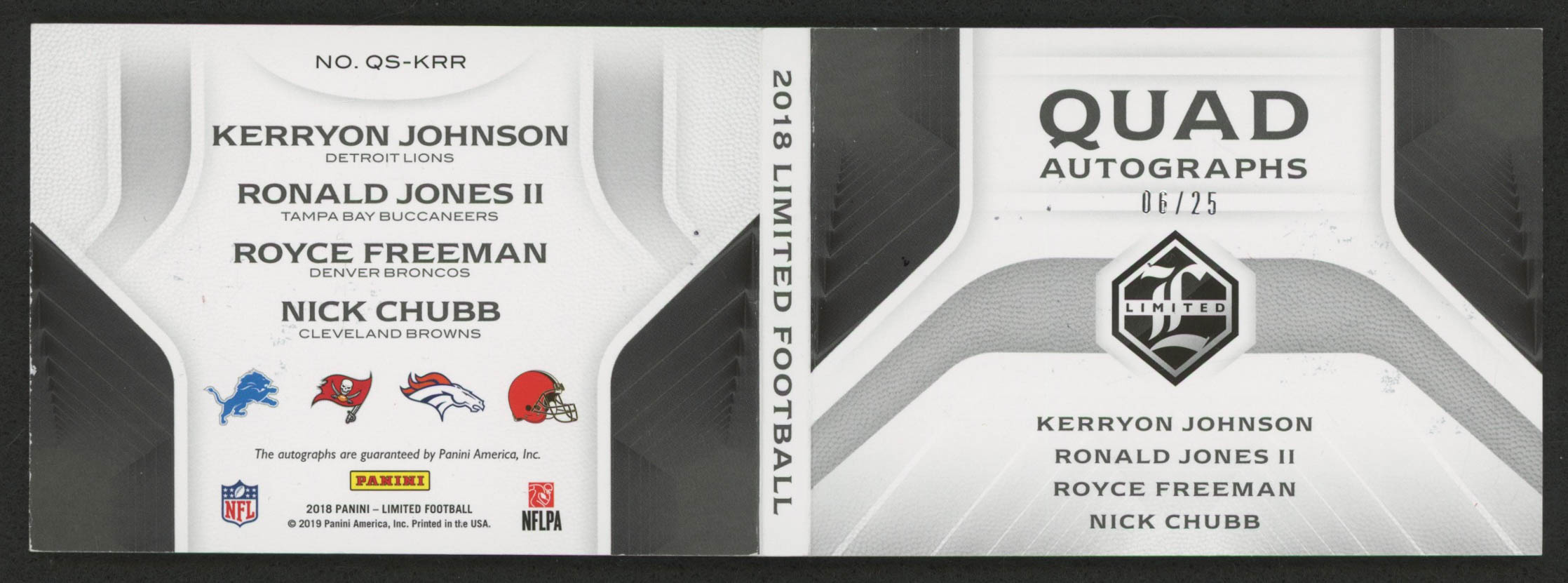 2018 Limited Quad Signatures #8 Kerryon Johnson / Nick Chubb / Ronald Jones II / Royce Freeman at PristineAuction.com 2018 Limited Quad Signatures #8 Kerryon Johnson / Nick Chubb / Ronald Jones II / Royce Freeman at PristineAuction.com