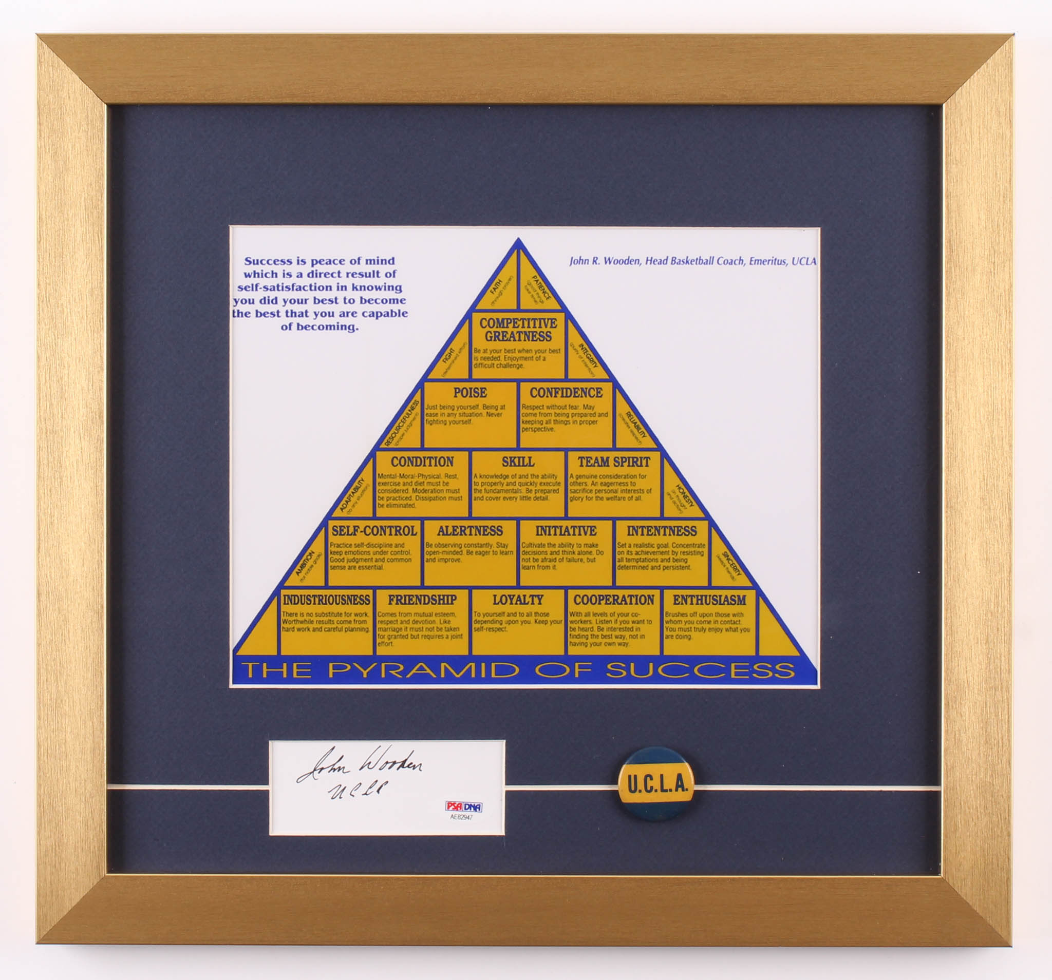 John Wooden Signed "The Pyramid of Success" 15x16 Custom Framed Cut Display Inscribed "UCLA" with Pin (PSA COA) at PristineAuction.com John Wooden Signed "The Pyramid of Success" 15x16 Custom Framed Cut Display Inscribed "UCLA" with Pin (PSA COA) at PristineAuction.com