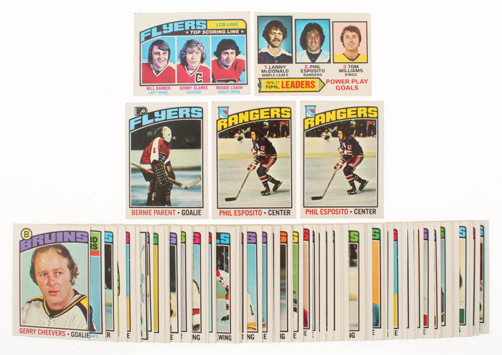 Lot of (73) 1976-77 Topps Hockey Cards WIth #10 Bernie Parent, #215 LCB Line / Reggie Leach / Bobby Clarke / Bill Barber, (2) #245 Phil Esposito, & (1) 1977-78 Topps #5 Power Play Goals / Leaders / Lanny McDonald / Phil Esposito / Tom Williams