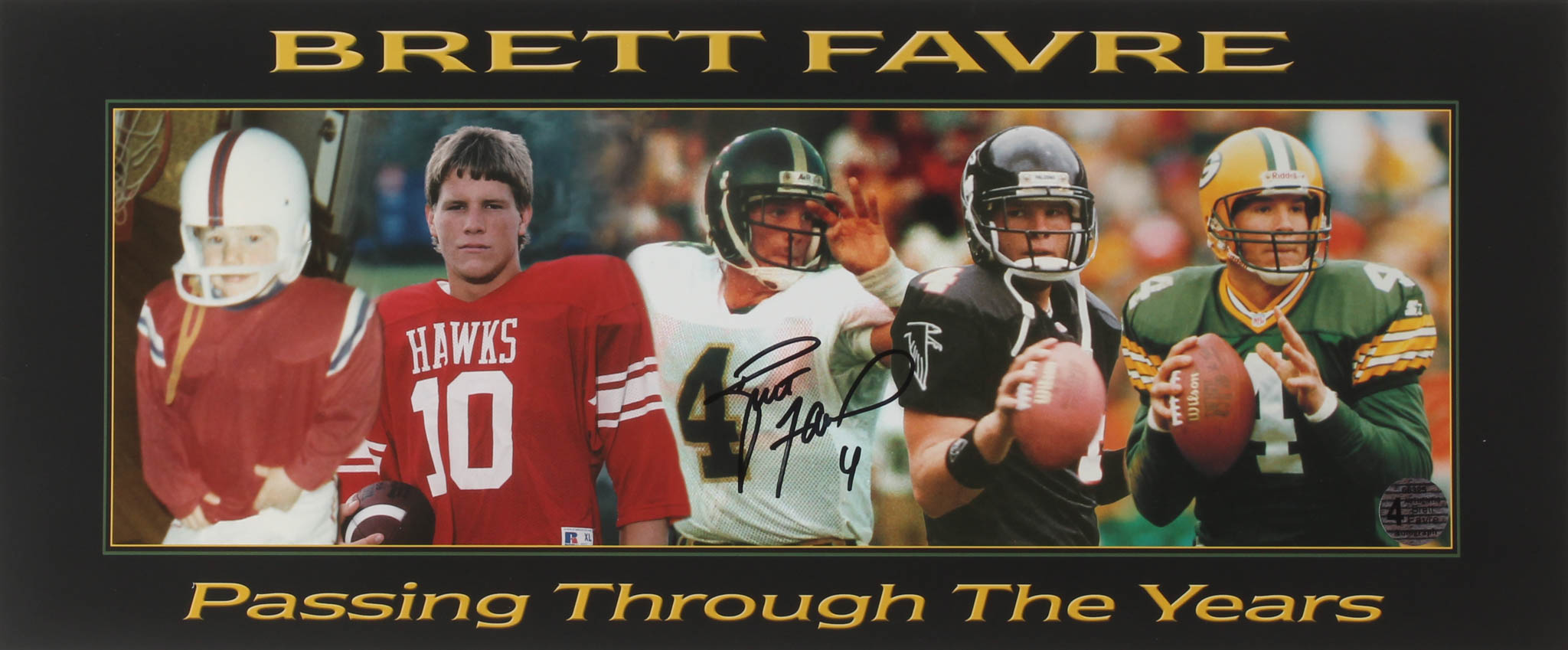 Brett Favre Signed "Passing Through The Years" 7x18 Photo (Favre Hologram) at PristineAuction.com Brett Favre Signed "Passing Through The Years" 7x18 Photo (Favre Hologram) at PristineAuction.com