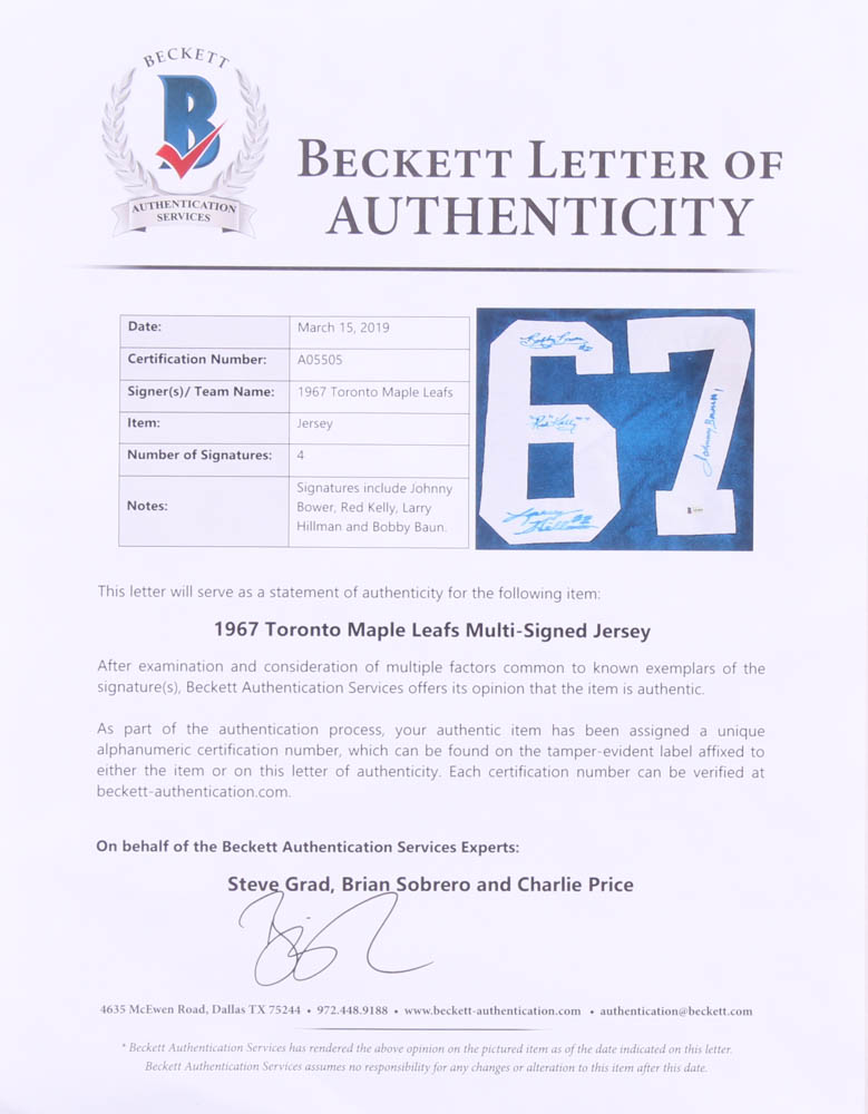 1967 Toronto Maple Leafs "Stanley Cup" Jersey Team-Signed by (4) With Red Kelly, Johnny Bower, Larry Hillman & Bobby Baun (Beckett LOA) at PristineAuction.com 1967 Toronto Maple Leafs "Stanley Cup" Jersey Team-Signed by (4) With Red Kelly, Johnny Bower, Larry Hillman & Bobby Baun (Beckett LOA) at PristineAuction.com