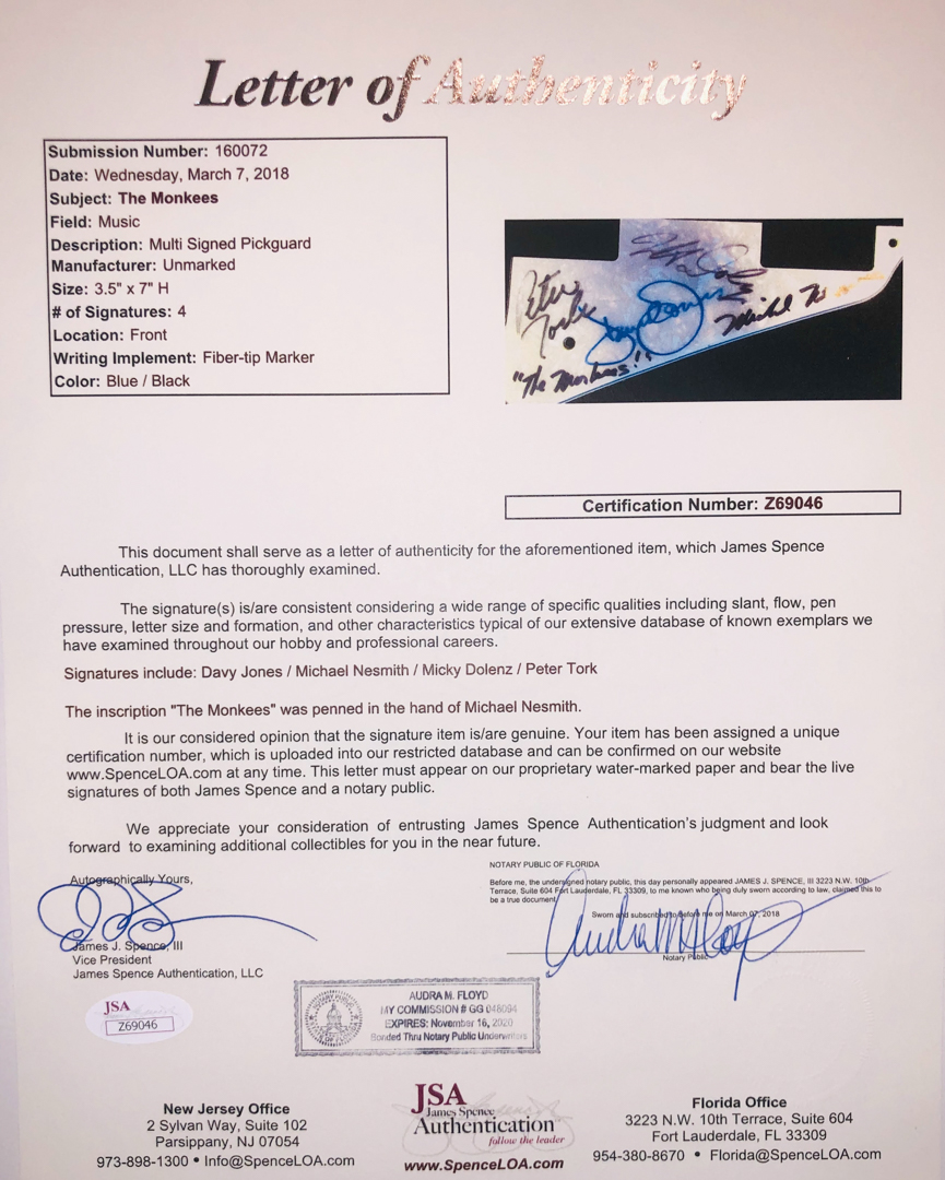 "The Monkees" Band-Signed Les Paul Style Electric Guitar with (4) Signatures Including Davy Jones, Michael Nesmith, Peter Tork & Micky Dolenz (JSA LOA) at PristineAuction.com "The Monkees" Band-Signed Les Paul Style Electric Guitar with (4) Signatures Including Davy Jones, Michael Nesmith, Peter Tork & Micky Dolenz (JSA LOA) at PristineAuction.com