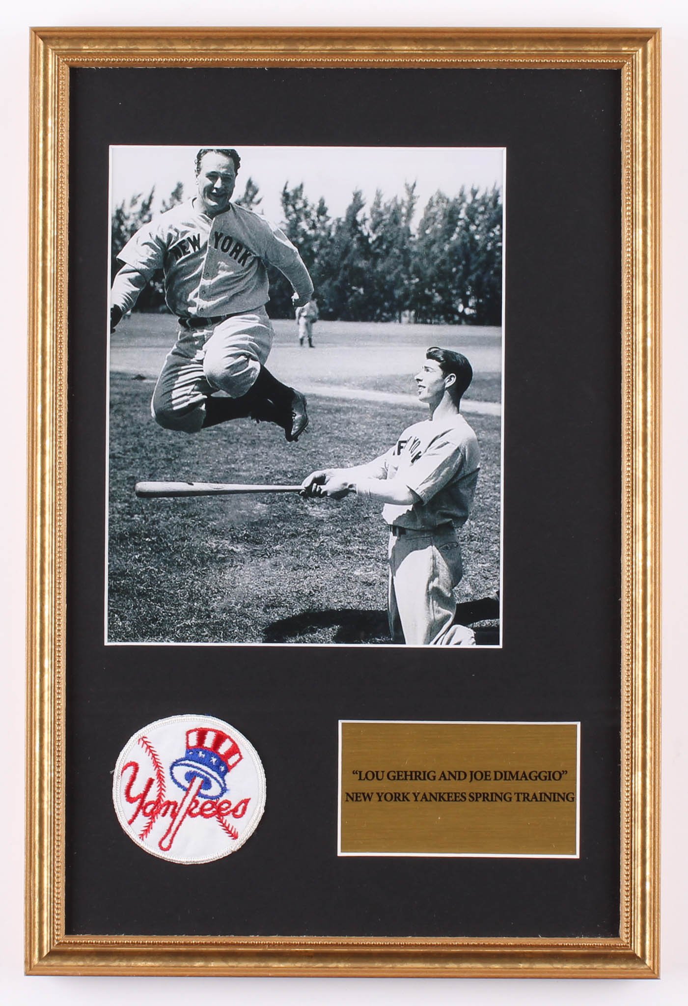 Lou Gehrig & Joe DiMaggio New York Yankees 12x18 Custom Framed Photo Display with Patch at PristineAuction.com Lou Gehrig & Joe DiMaggio New York Yankees 12x18 Custom Framed Photo Display with Patch at PristineAuction.com