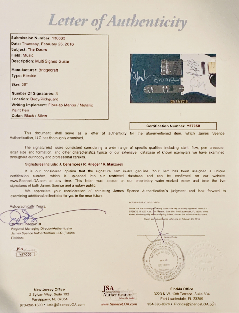 "The Doors" MultiSigned Electric Guitar with (3) Signatures Including John Densmore, Robby