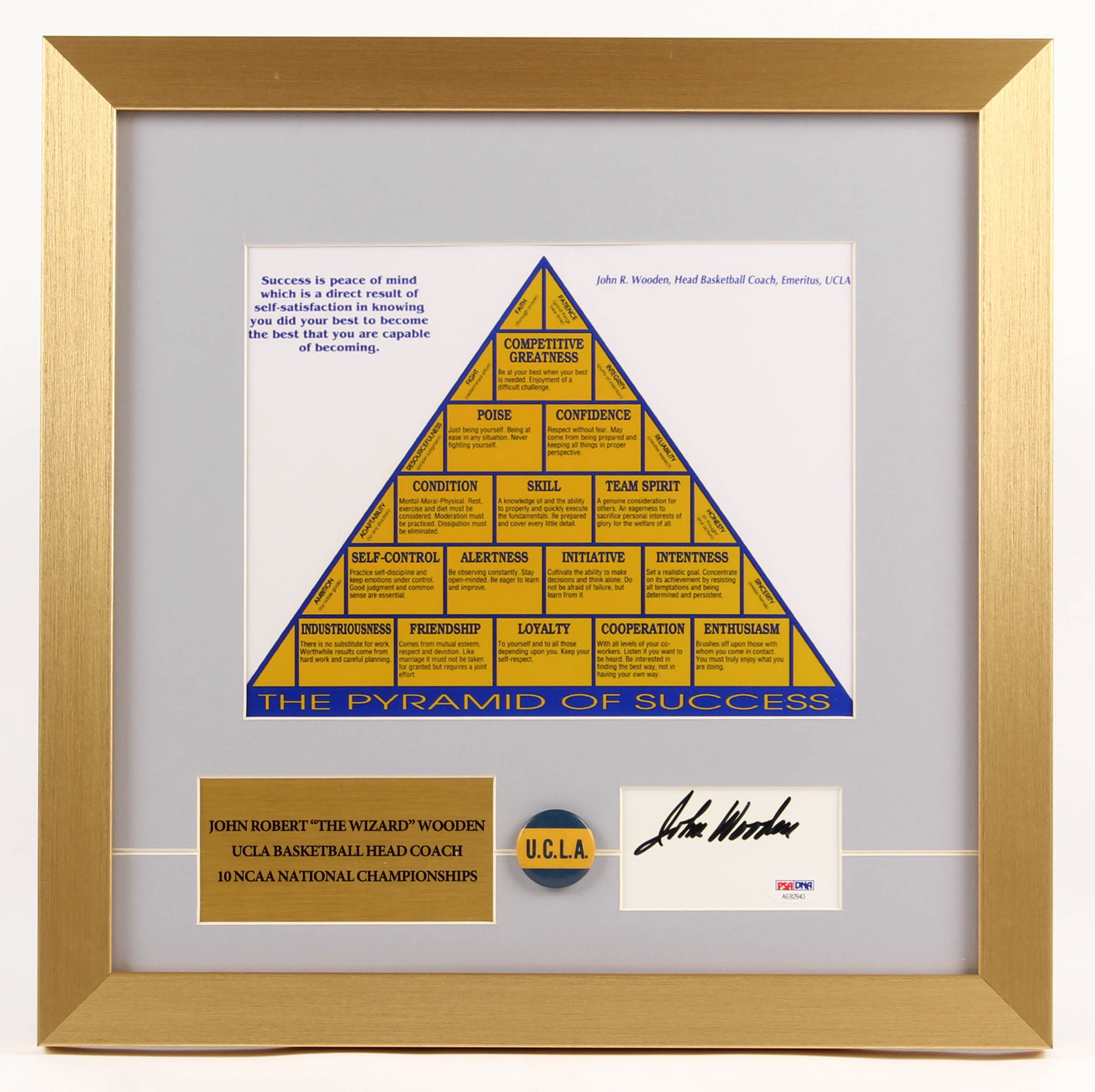 John Wooden Signed "The Pyramid of Success" 16x16 Custom Framed Cut Display with Pin (PSA COA) at PristineAuction.com John Wooden Signed "The Pyramid of Success" 16x16 Custom Framed Cut Display with Pin (PSA COA) at PristineAuction.com