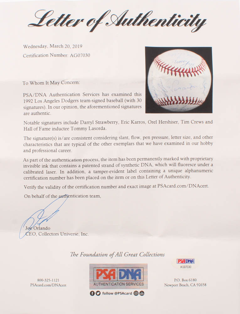 1992 Los Angeles Dodgers Team-Signed ONL Baseball Signed by (30) with Darryl Strawberry, Eric Karros, Orel Hershiser, Tim Crews, Tommy Lasorda (PSA LOA) at PristineAuction.com 1992 Los Angeles Dodgers Team-Signed ONL Baseball Signed by (30) with Darryl Strawberry, Eric Karros, Orel Hershiser, Tim Crews, Tommy Lasorda (PSA LOA) at PristineAuction.com