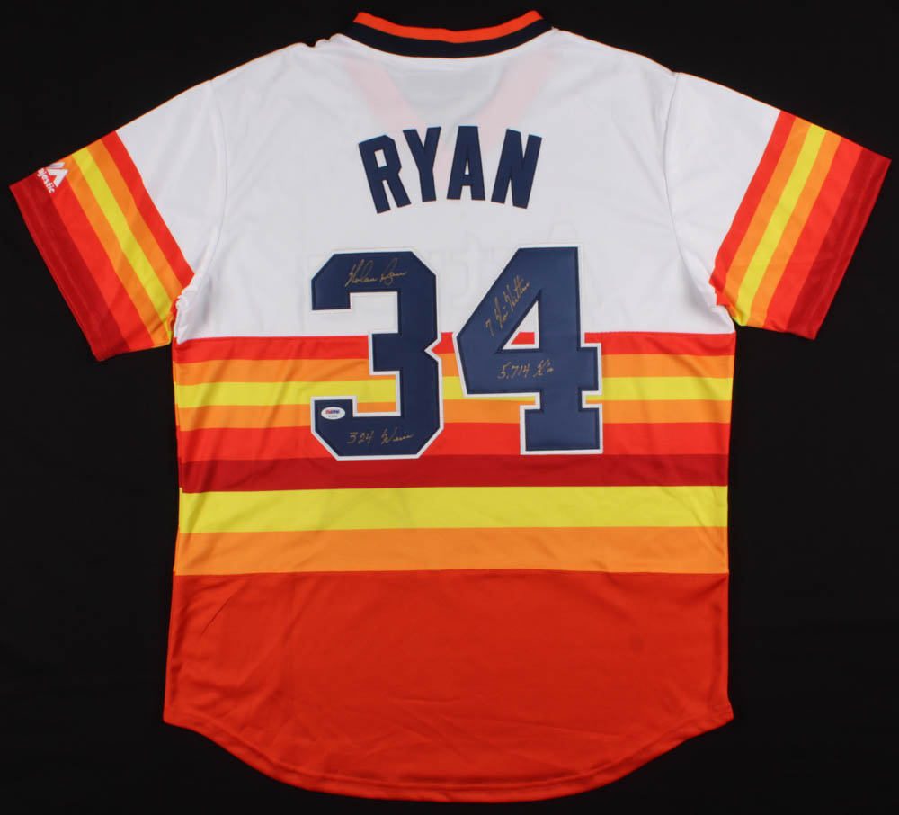 Nolan Ryan Signed Houston Astros Throwback Jersey Inscribed "5,714 Ks", "324 Wins", and "7 No-Hitters" (PSA COA) at PristineAuction.com Nolan Ryan Signed Houston Astros Throwback Jersey Inscribed "5,714 Ks", "324 Wins", and "7 No-Hitters" (PSA COA) at PristineAuction.com