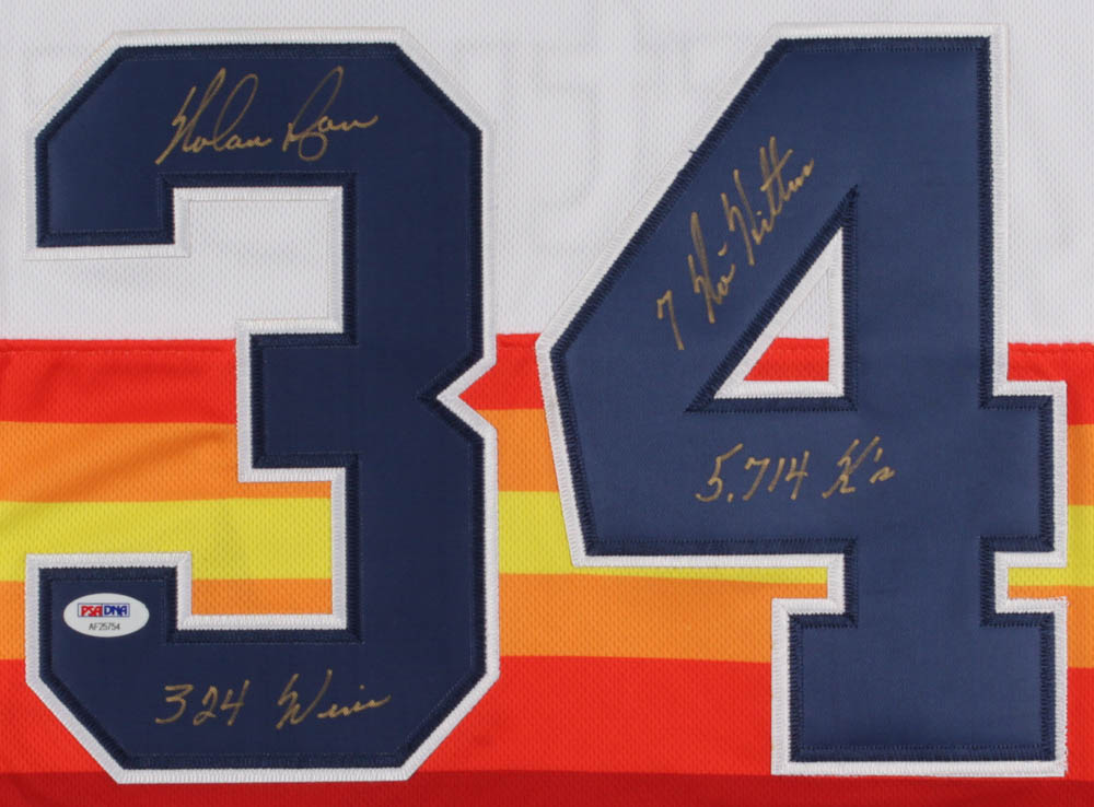 Nolan Ryan Signed Houston Astros Throwback Jersey Inscribed "5,714 Ks", "324 Wins", and "7 No-Hitters" (PSA COA) at PristineAuction.com Nolan Ryan Signed Houston Astros Throwback Jersey Inscribed "5,714 Ks", "324 Wins", and "7 No-Hitters" (PSA COA) at PristineAuction.com