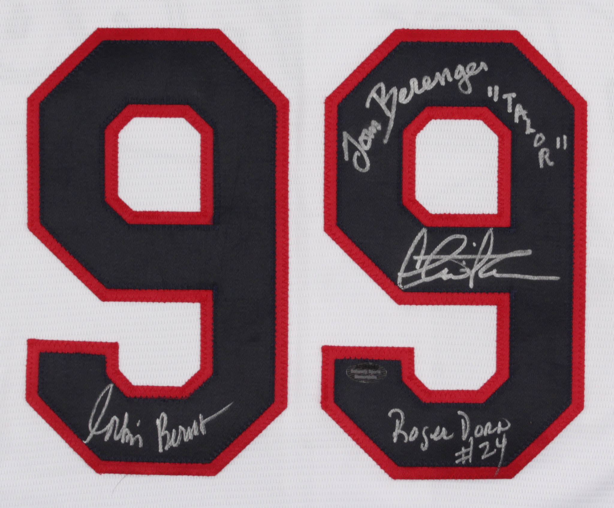 Charlie Sheen, Tom Berenger & Corbin Bernsen Signed "Major League" Cleveland Indians Jersey Inscribed "Taylor" & "Roger Dorn" (Schwartz Hologram) at PristineAuction.com Charlie Sheen, Tom Berenger & Corbin Bernsen Signed "Major League" Cleveland Indians Jersey Inscribed "Taylor" & "Roger Dorn" (Schwartz Hologram) at PristineAuction.com