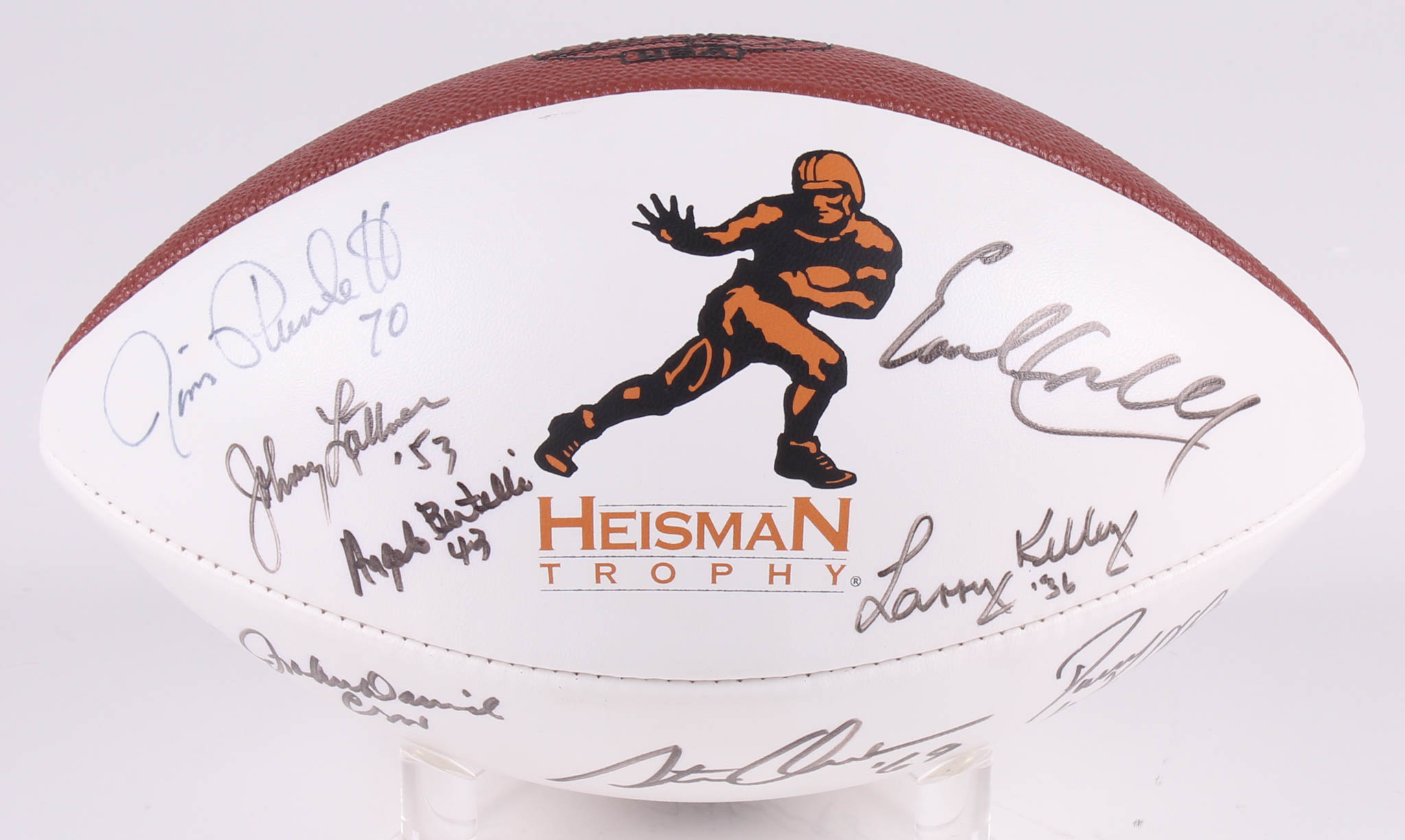 Heisman Trophy Logo Football Signed by (13) with Jim Plunkett, Earl Campbell, Doak Walker, Angelo Bertelli, Archie Griffin (Beckett LOA) at PristineAuction.com Heisman Trophy Logo Football Signed by (13) with Jim Plunkett, Earl Campbell, Doak Walker, Angelo Bertelli, Archie Griffin (Beckett LOA) at PristineAuction.com