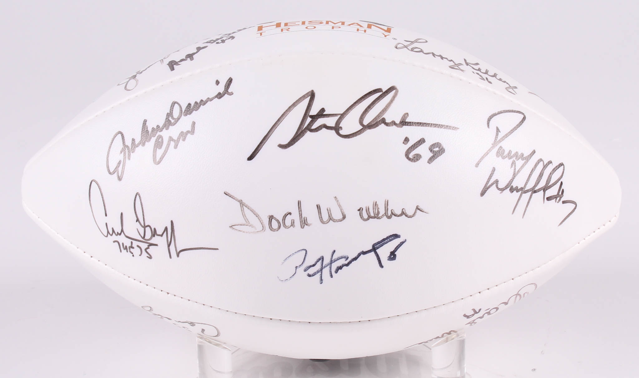 Heisman Trophy Logo Football Signed by (13) with Jim Plunkett, Earl Campbell, Doak Walker, Angelo Bertelli, Archie Griffin (Beckett LOA) at PristineAuction.com Heisman Trophy Logo Football Signed by (13) with Jim Plunkett, Earl Campbell, Doak Walker, Angelo Bertelli, Archie Griffin (Beckett LOA) at PristineAuction.com