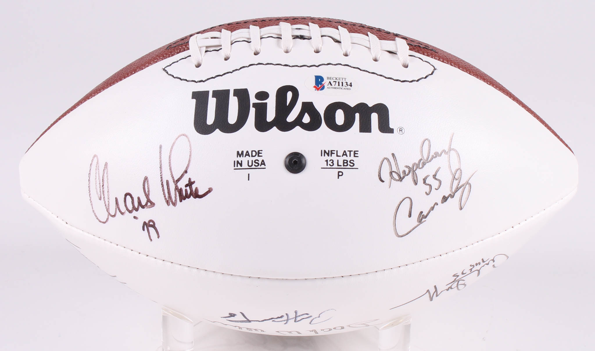 Heisman Trophy Logo Football Signed by (13) with Jim Plunkett, Earl Campbell, Doak Walker, Angelo Bertelli, Archie Griffin (Beckett LOA) at PristineAuction.com Heisman Trophy Logo Football Signed by (13) with Jim Plunkett, Earl Campbell, Doak Walker, Angelo Bertelli, Archie Griffin (Beckett LOA) at PristineAuction.com