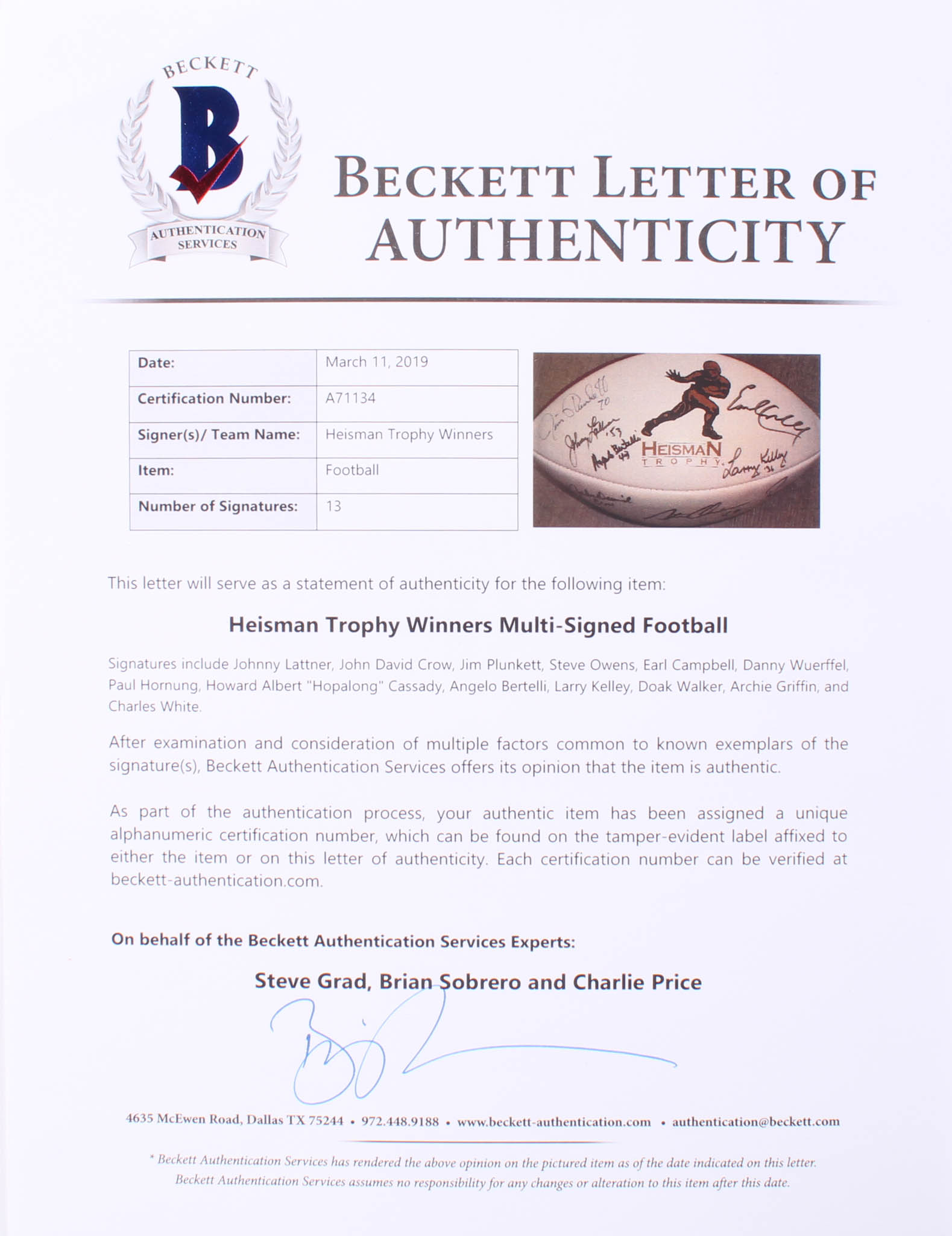 Heisman Trophy Logo Football Signed by (13) with Jim Plunkett, Earl Campbell, Doak Walker, Angelo Bertelli, Archie Griffin (Beckett LOA) at PristineAuction.com Heisman Trophy Logo Football Signed by (13) with Jim Plunkett, Earl Campbell, Doak Walker, Angelo Bertelli, Archie Griffin (Beckett LOA) at PristineAuction.com