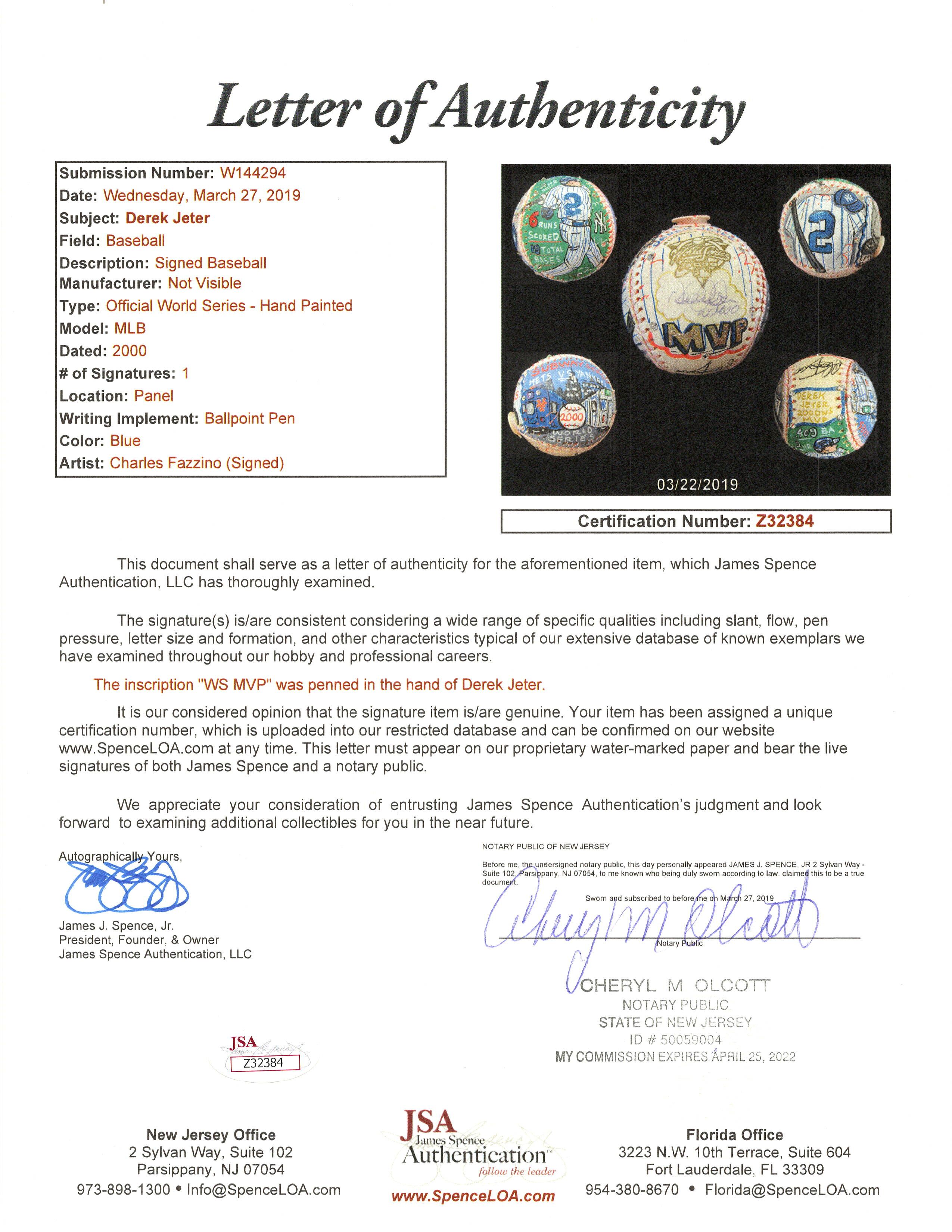 Derek Jeter Signed Charles Fazzino Hand-Painted 2000 World Series MVP Baseball Inscribed "WS MVP" (JSA LOA) at PristineAuction.com Derek Jeter Signed Charles Fazzino Hand-Painted 2000 World Series MVP Baseball Inscribed "WS MVP" (JSA LOA) at PristineAuction.com