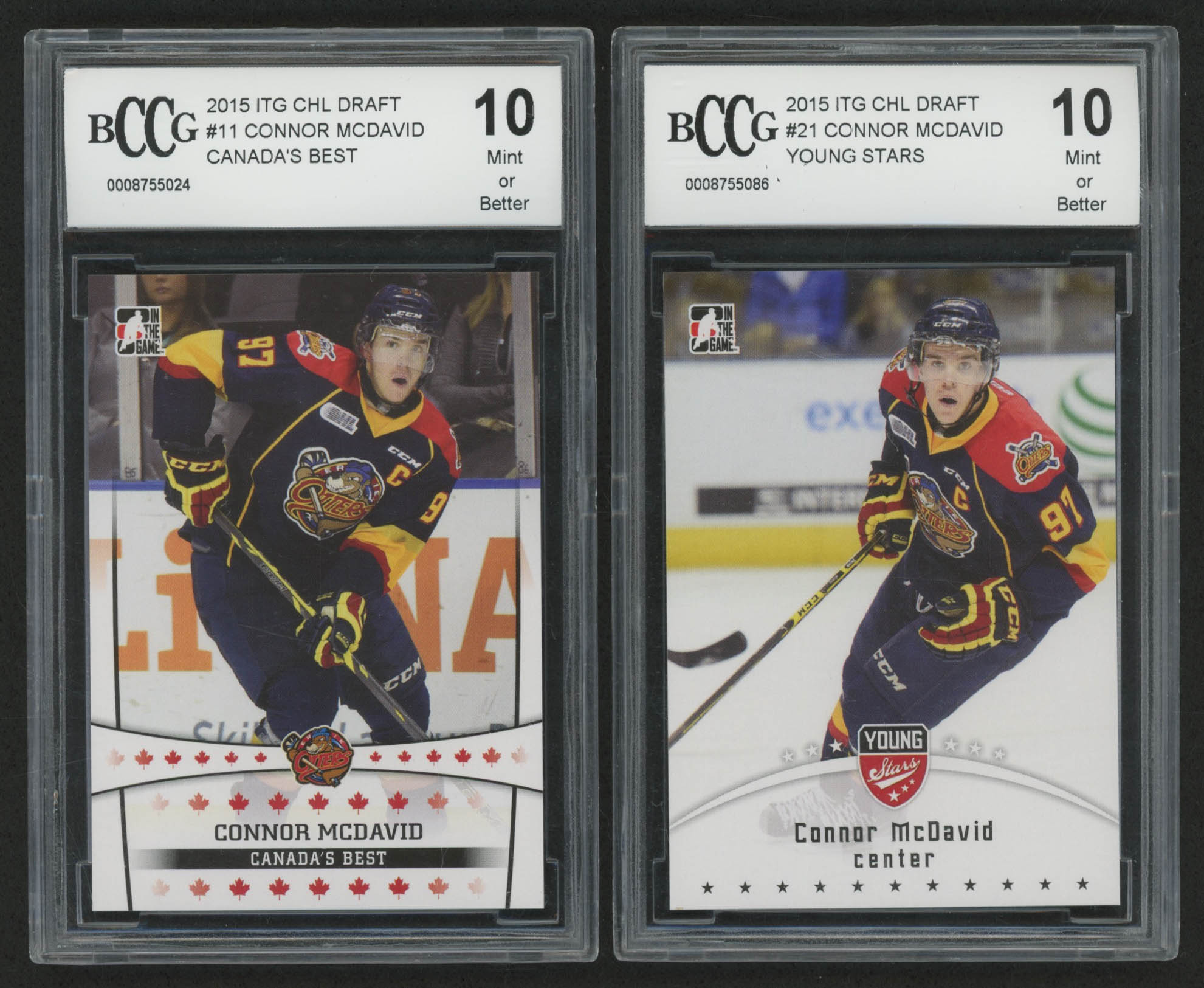 Lot of (2) BCCG Graded 10 2015 ITG CHL Draft Connor McDavid Hockey Cards  with #11 Canada's Best & #21 Young Stars | Pristine Auction