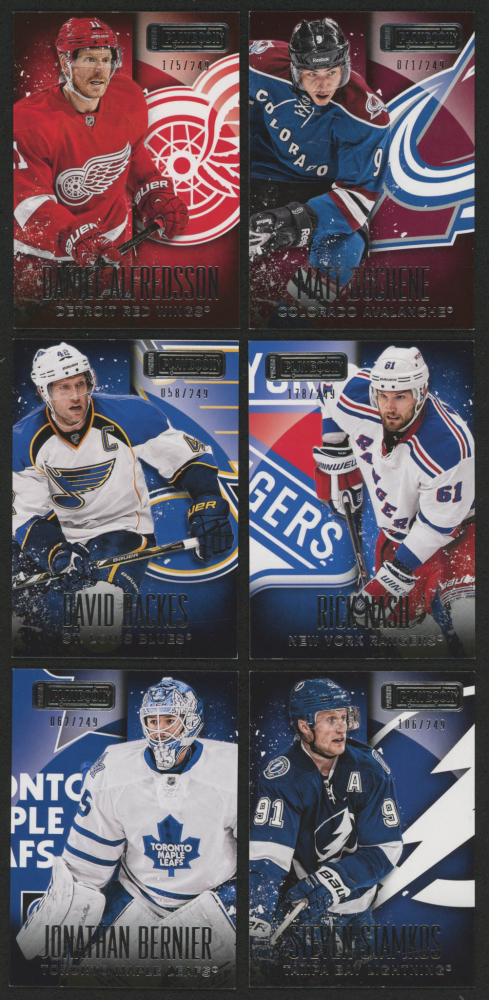 Lot of (6) 2013-14 Panini Playbook Hockey Cards with #71 Steven Stamkos, #52 Rick Nash, #76 Jonathan Bernier, #25 Daniel Alfredsson, #69 David Backes, & #19 Matt Duchene