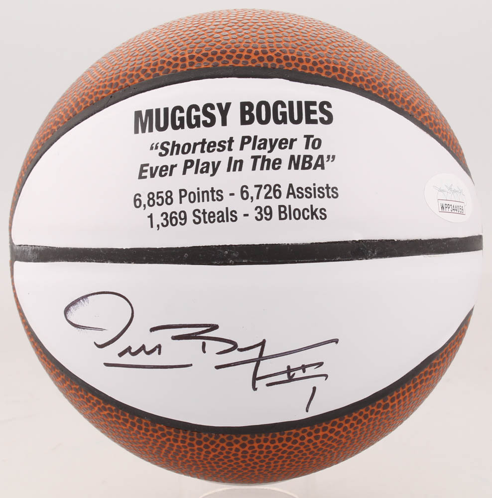 Muggsy Bogues Signed Career Highlight Stat Mini Basketball (JSA COA