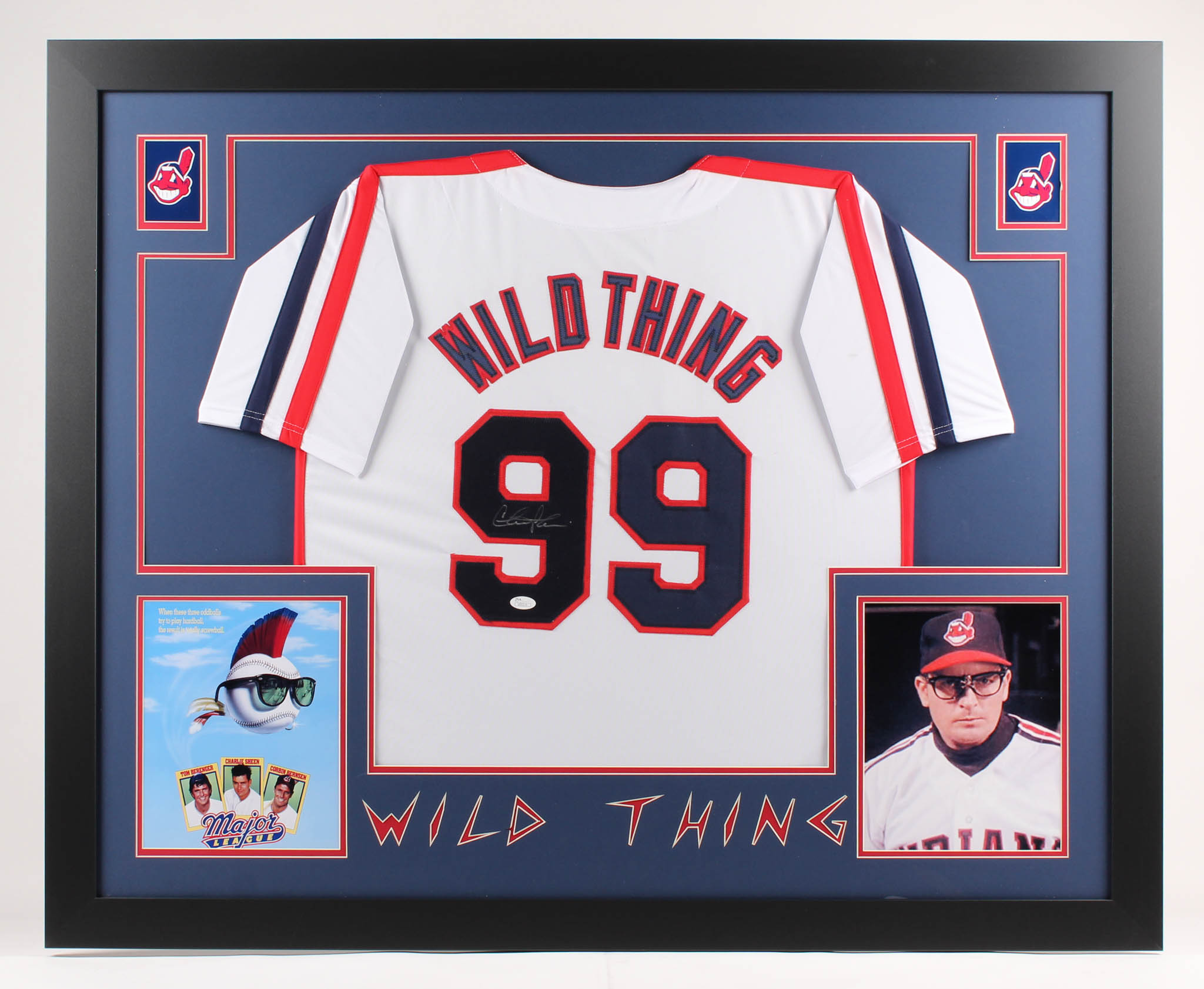 Charlie Sheen Signed Cleveland Indians "Major League" 35x43 Custom Framed Jersey (JSA COA) at PristineAuction.com Charlie Sheen Signed Cleveland Indians "Major League" 35x43 Custom Framed Jersey (JSA COA) at PristineAuction.com
