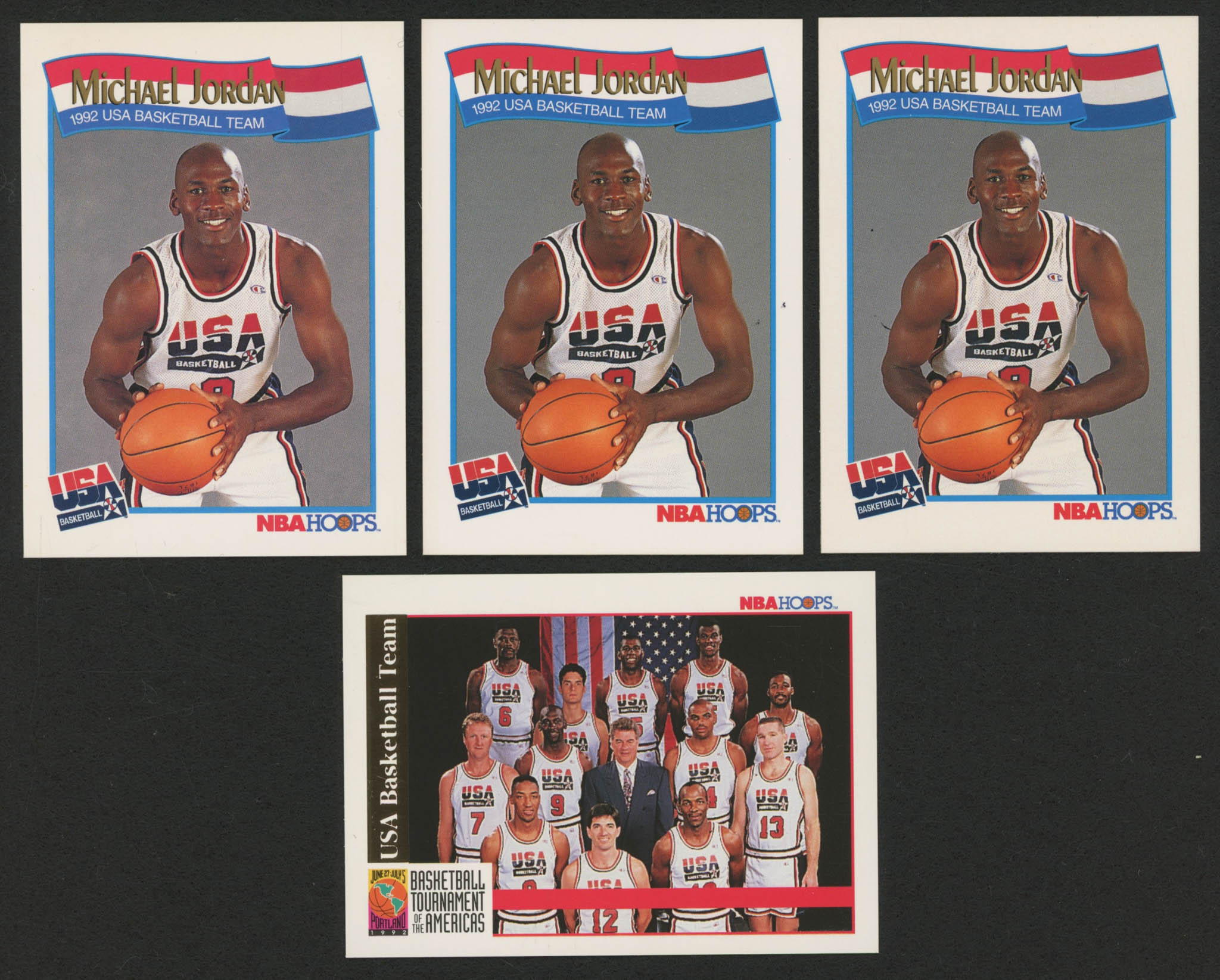 Lot of (4) 1992 Skybox NBA Hoops Basketball Cards with Team USA Tournament Of Americas & (3) Michael Jordan NBA Hoops at PristineAuction.com Lot of (4) 1992 Skybox NBA Hoops Basketball Cards with Team USA Tournament Of Americas & (3) Michael Jordan NBA Hoops at PristineAuction.com