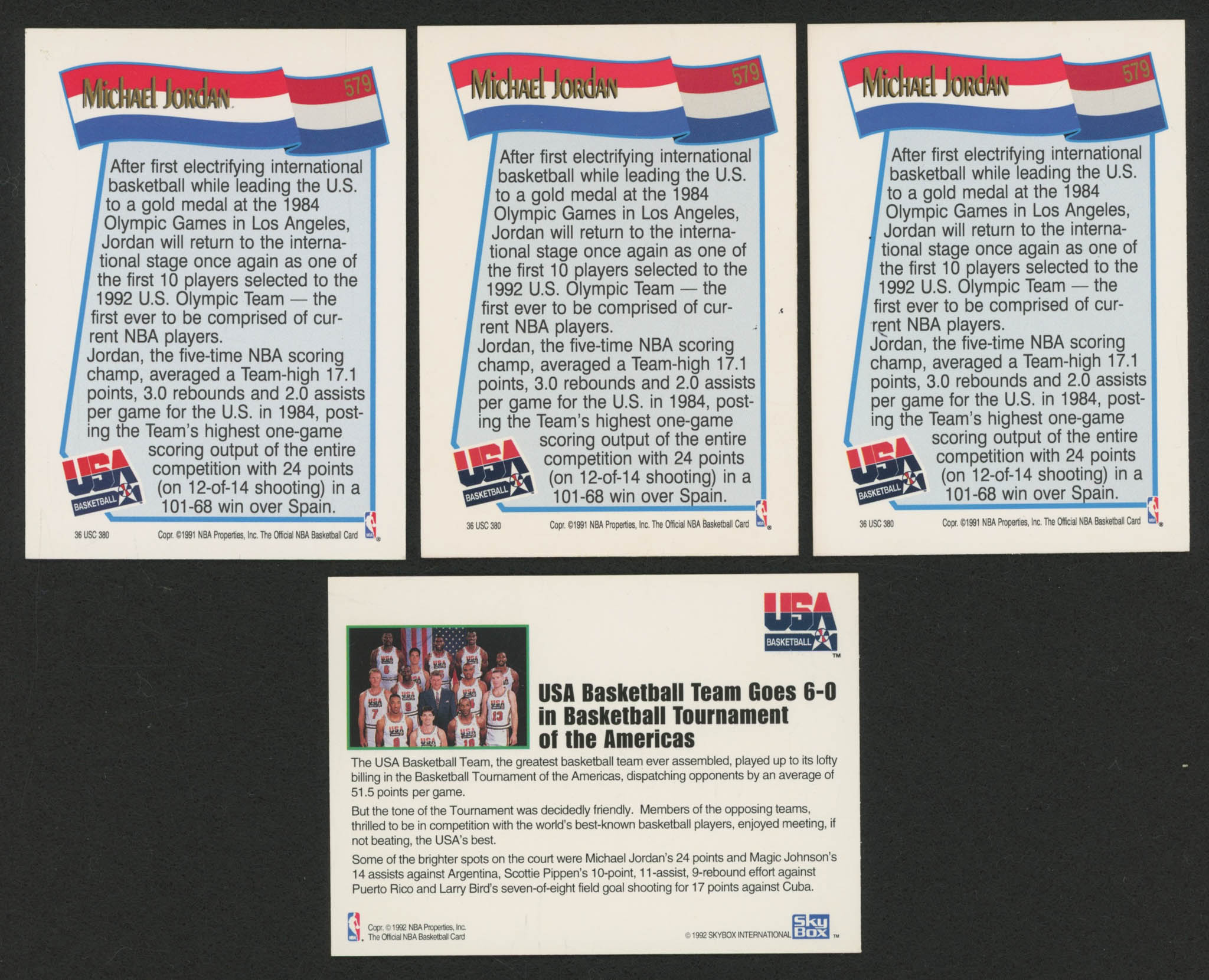 Lot of (4) 1992 Skybox NBA Hoops Basketball Cards with Team USA Tournament Of Americas & (3) Michael Jordan NBA Hoops at PristineAuction.com Lot of (4) 1992 Skybox NBA Hoops Basketball Cards with Team USA Tournament Of Americas & (3) Michael Jordan NBA Hoops at PristineAuction.com