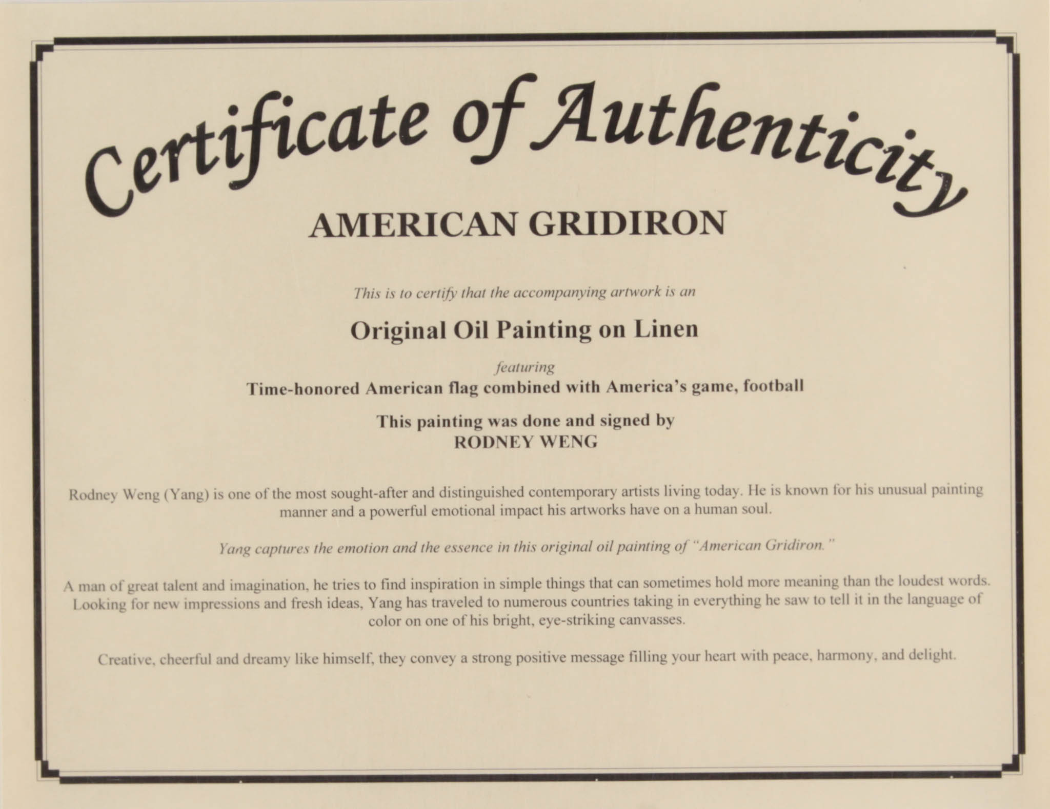 Rodney Weng - "American Gridiron" 21.5x37.5 Original Oil Panting on Linen (PA LOA) at PristineAuction.com Rodney Weng - "American Gridiron" 21.5x37.5 Original Oil Panting on Linen (PA LOA) at PristineAuction.com