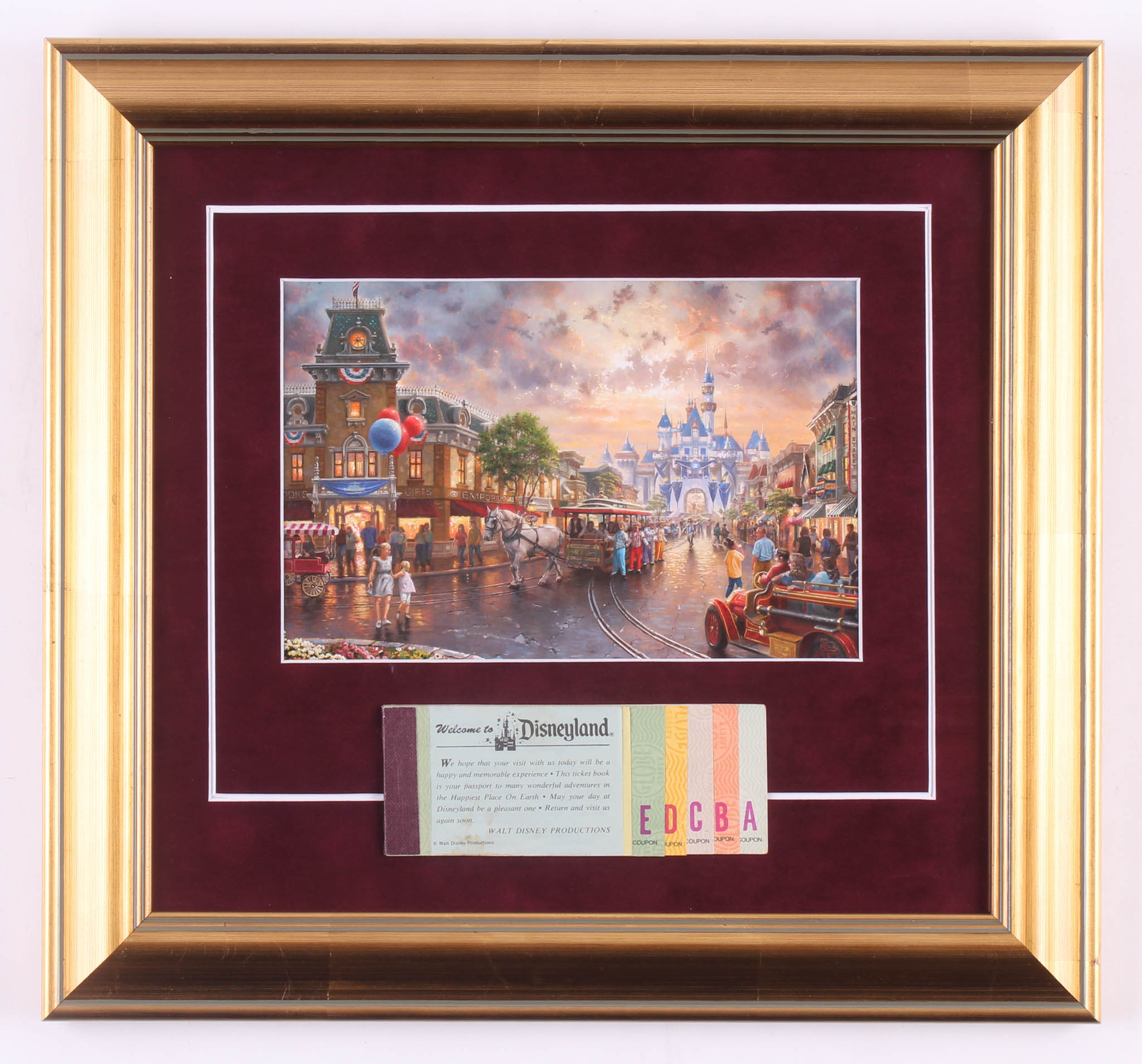 Disneyland 13.5x14.5 Custom Framed Thomas Kinkade Print Display with Vintage Ticket at PristineAuction.com Disneyland 13.5x14.5 Custom Framed Thomas Kinkade Print Display with Vintage Ticket at PristineAuction.com