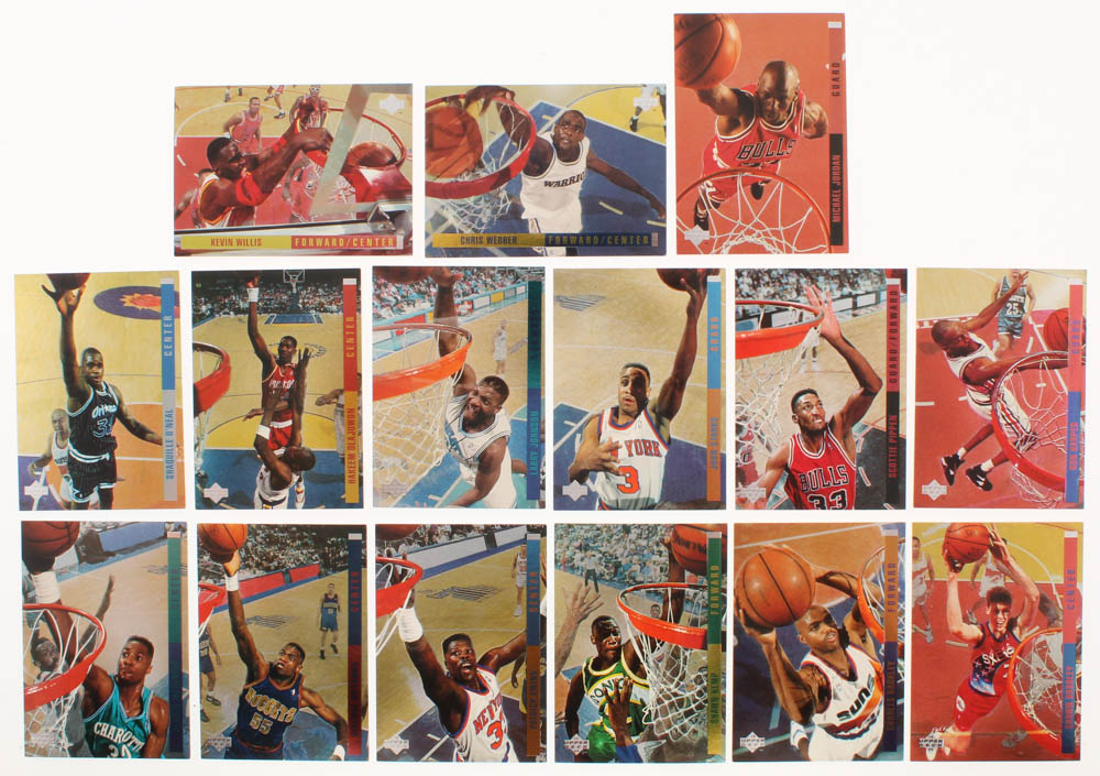 Lot of (15) 1993-94 Upper Deck SE Behind the Glass Basketball Cards with #G11 Michael Jordan, #G15 Ron Harper, #G14 Shawn Bradley, #G10 Scottie Pippen, #G4 Charles Barkley