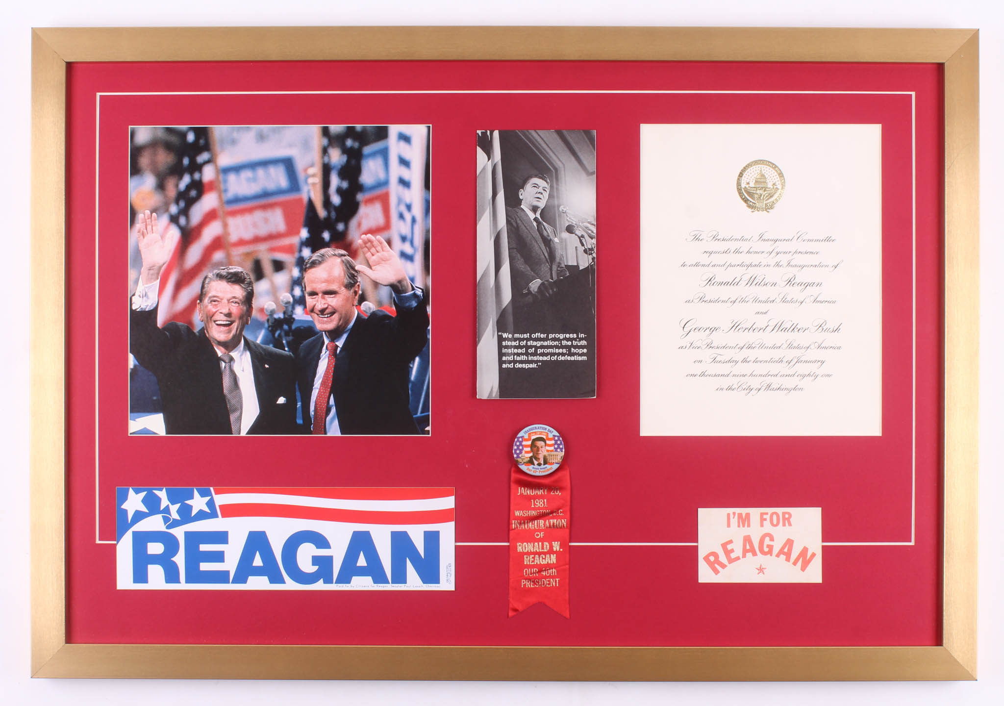 Ronald Reagan 22x32 Custom Framed Photo Display with 1981 Inauguration Invitation, Pin, & (2) Stickers at PristineAuction.com Ronald Reagan 22x32 Custom Framed Photo Display with 1981 Inauguration Invitation, Pin, & (2) Stickers at PristineAuction.com