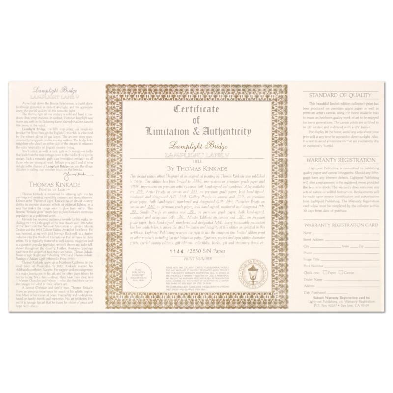 Thomas Kinkade Signed "Lamplight Bridge" Limited Edition 24x20 Offset Lithograph #1144/2850 at PristineAuction.com Thomas Kinkade Signed "Lamplight Bridge" Limited Edition 24x20 Offset Lithograph #1144/2850 at PristineAuction.com