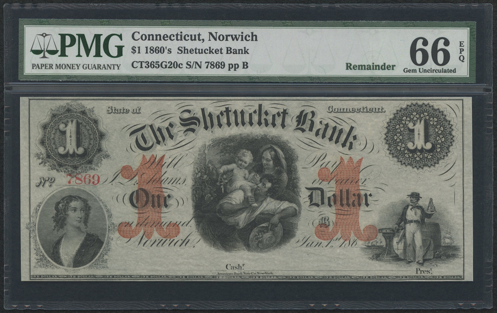 1860's 1 One Dollar Connecticut, Norwich Shetucket Bank