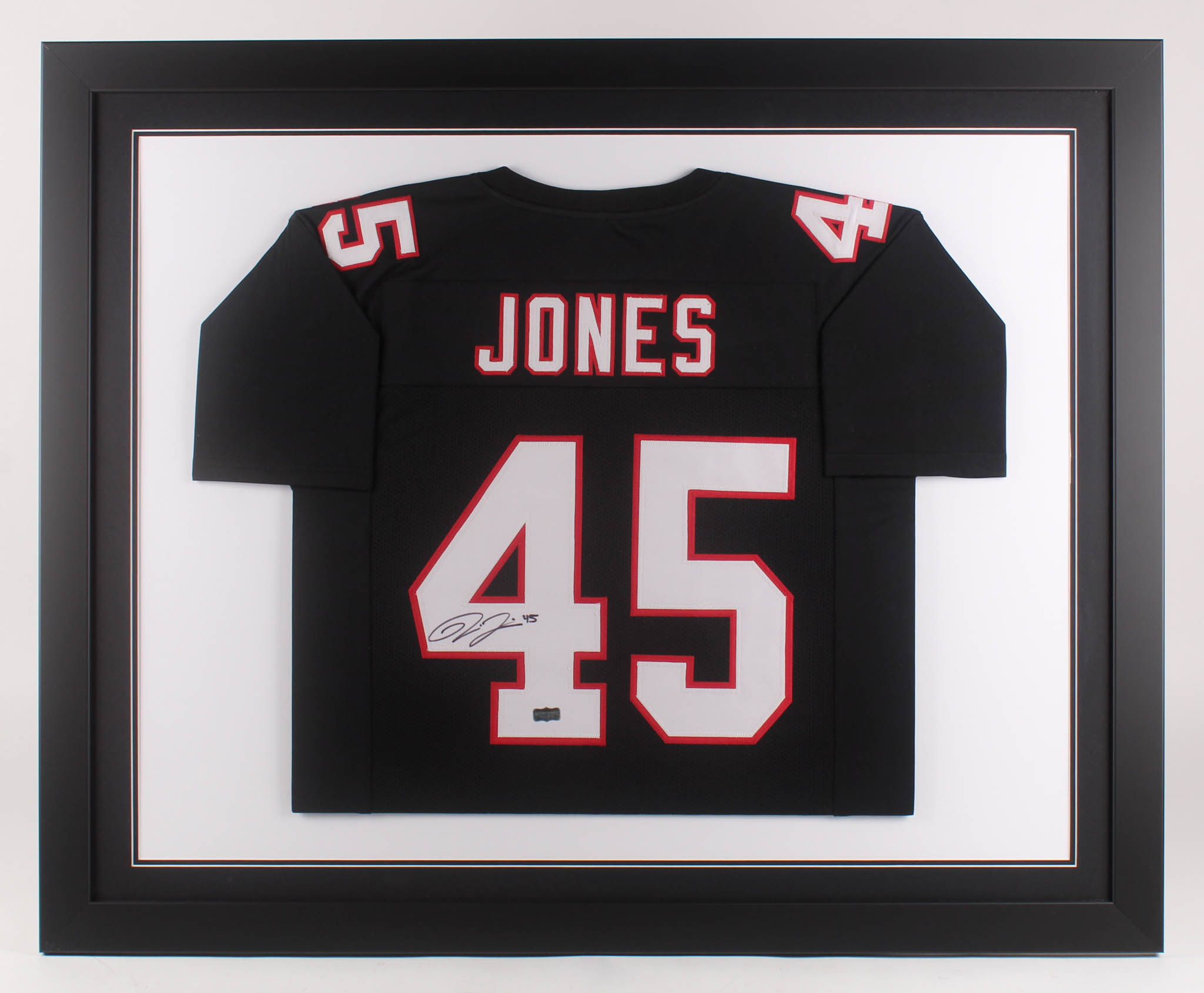 Deion Jones Signed 35.5x43.5 Custom Framed Jersey (Radtke COA) at PristineAuction.com Deion Jones Signed 35.5x43.5 Custom Framed Jersey (Radtke COA) at PristineAuction.com
