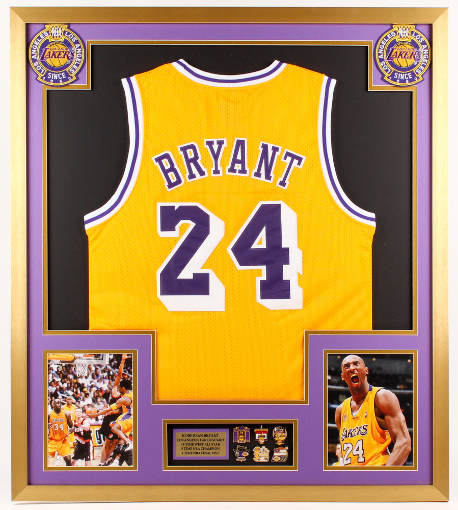 Kobe Bryant Lakers 32x36 Custom Framed Jersey with (2) Championship Pins