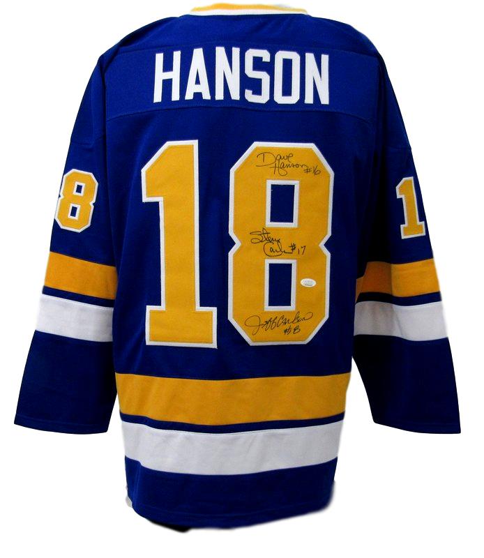 Dave Hanson, Steve Carlson & Jeff Carlson Signed "Slap Shot" Charlestown Chiefs Hanson Brothers Jersey Inscribed "Old Time Hockey" (JSA COA) at PristineAuction.com Dave Hanson, Steve Carlson & Jeff Carlson Signed "Slap Shot" Charlestown Chiefs Hanson Brothers Jersey Inscribed "Old Time Hockey" (JSA COA) at PristineAuction.com