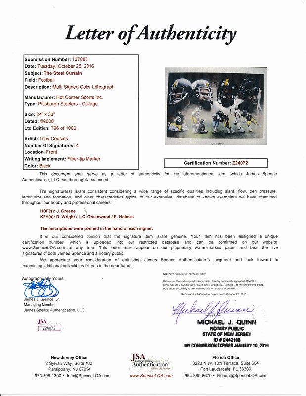 Pittsburgh Steelers "Steel Curtain" Signed 24x33 Lithograph Signed by (4) with Mean Joe Greene, Ernie Holmes, L.C. Greenwood & Dwight White (JSA LOA) at PristineAuction.com Pittsburgh Steelers "Steel Curtain" Signed 24x33 Lithograph Signed by (4) with Mean Joe Greene, Ernie Holmes, L.C. Greenwood & Dwight White (JSA LOA) at PristineAuction.com