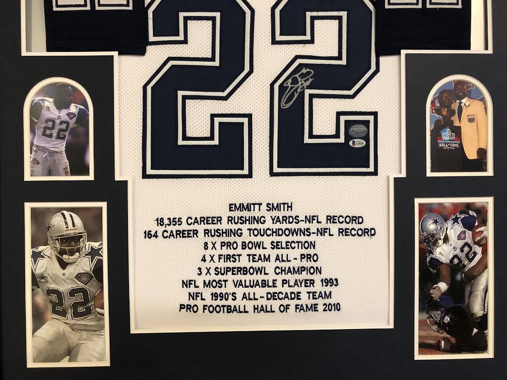 Emmitt Smith Signed Dallas Cowboys 34x42 Custom Framed Career Highligh Stat Jersey (Beckett COA & Prova Hologram) at PristineAuction.com Emmitt Smith Signed Dallas Cowboys 34x42 Custom Framed Career Highligh Stat Jersey (Beckett COA & Prova Hologram) at PristineAuction.com