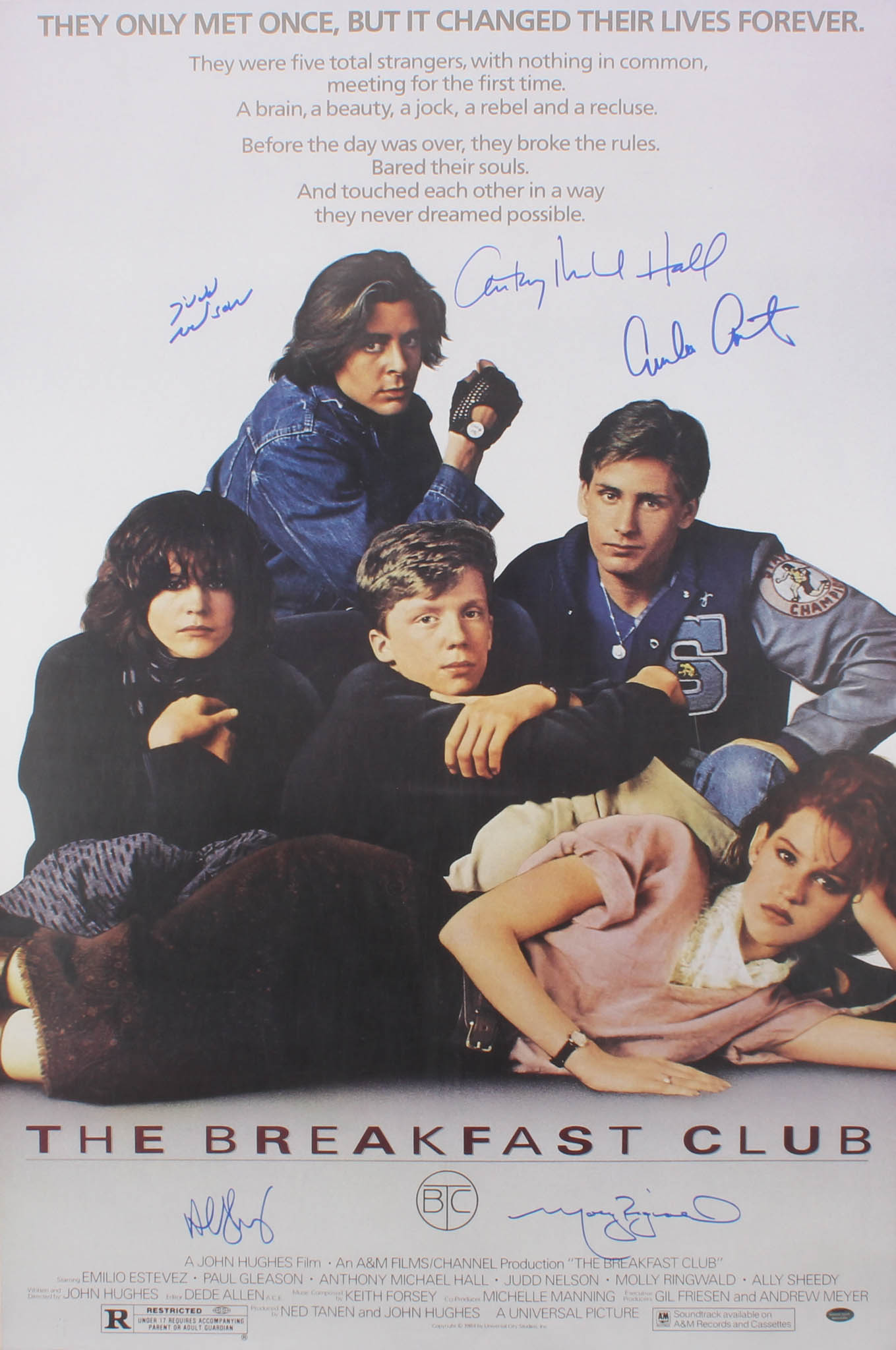 "The Breakfast Club" 24x36 Movie Poster Cast-Signed by (5) with Judd Nelson, Molly Ringwald, Anthony Michael Hall, Emilio Estevez & Ally Sheedy (Schwartz COA) at PristineAuction.com "The Breakfast Club" 24x36 Movie Poster Cast-Signed by (5) with Judd Nelson, Molly Ringwald, Anthony Michael Hall, Emilio Estevez & Ally Sheedy (Schwartz COA) at PristineAuction.com