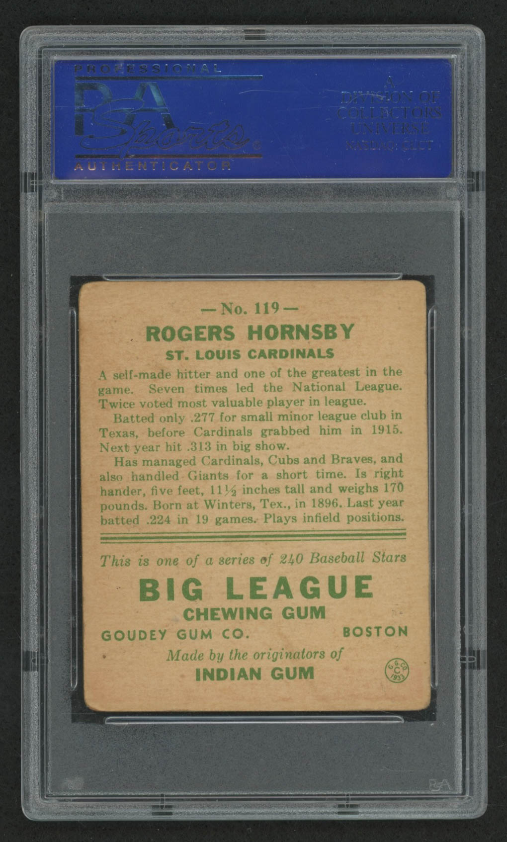 1933 Goudey #119 Rogers Hornsby (PSA 3) at PristineAuction.com 1933 Goudey #119 Rogers Hornsby (PSA 3) at PristineAuction.com